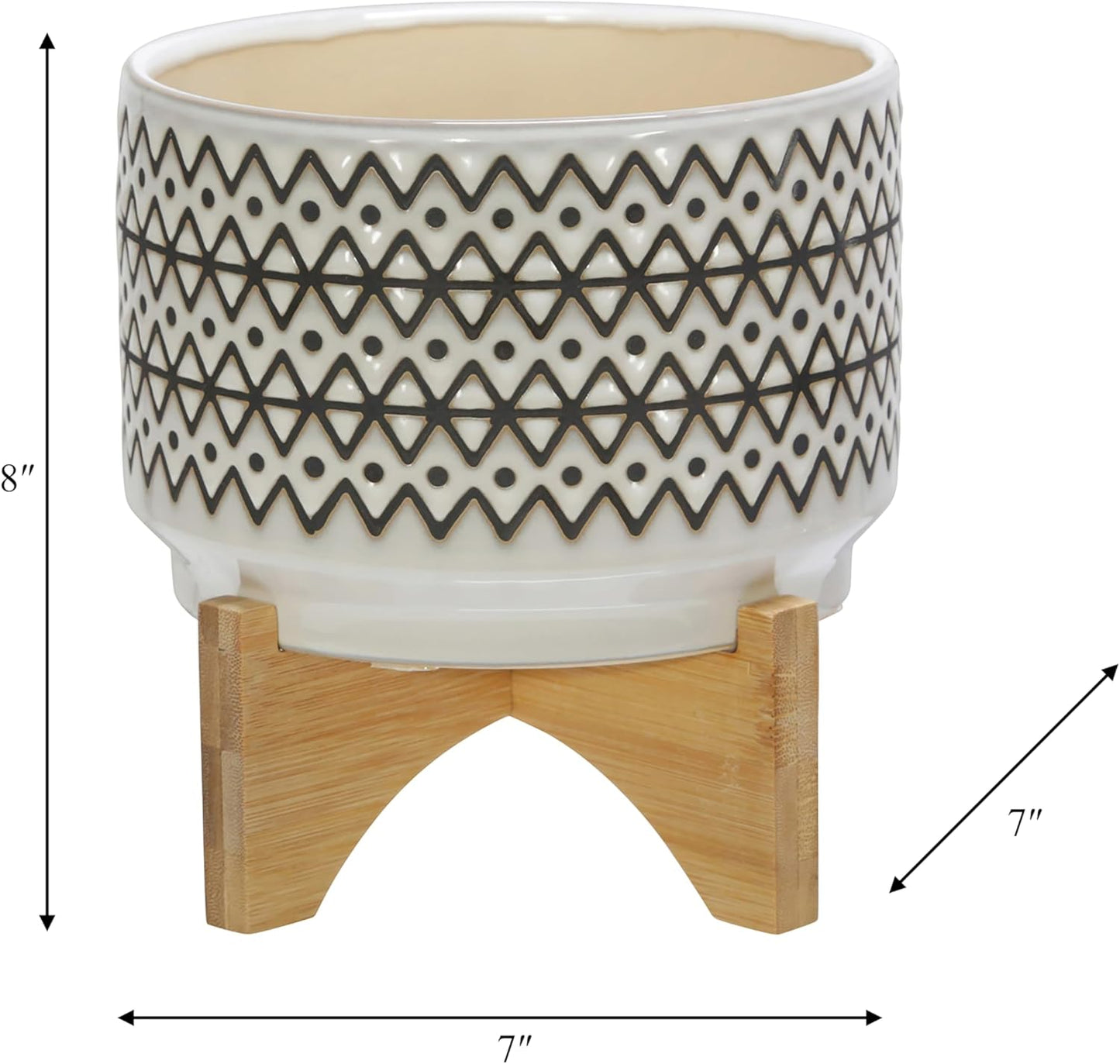 Sagebrook Home Ceramic Planter with Stand - Decorative Stoneware Pot with Wood Base - Modern Boho Indoor/Outdoor Plant Holder for Home & Garden - 8" Ivory & Tan