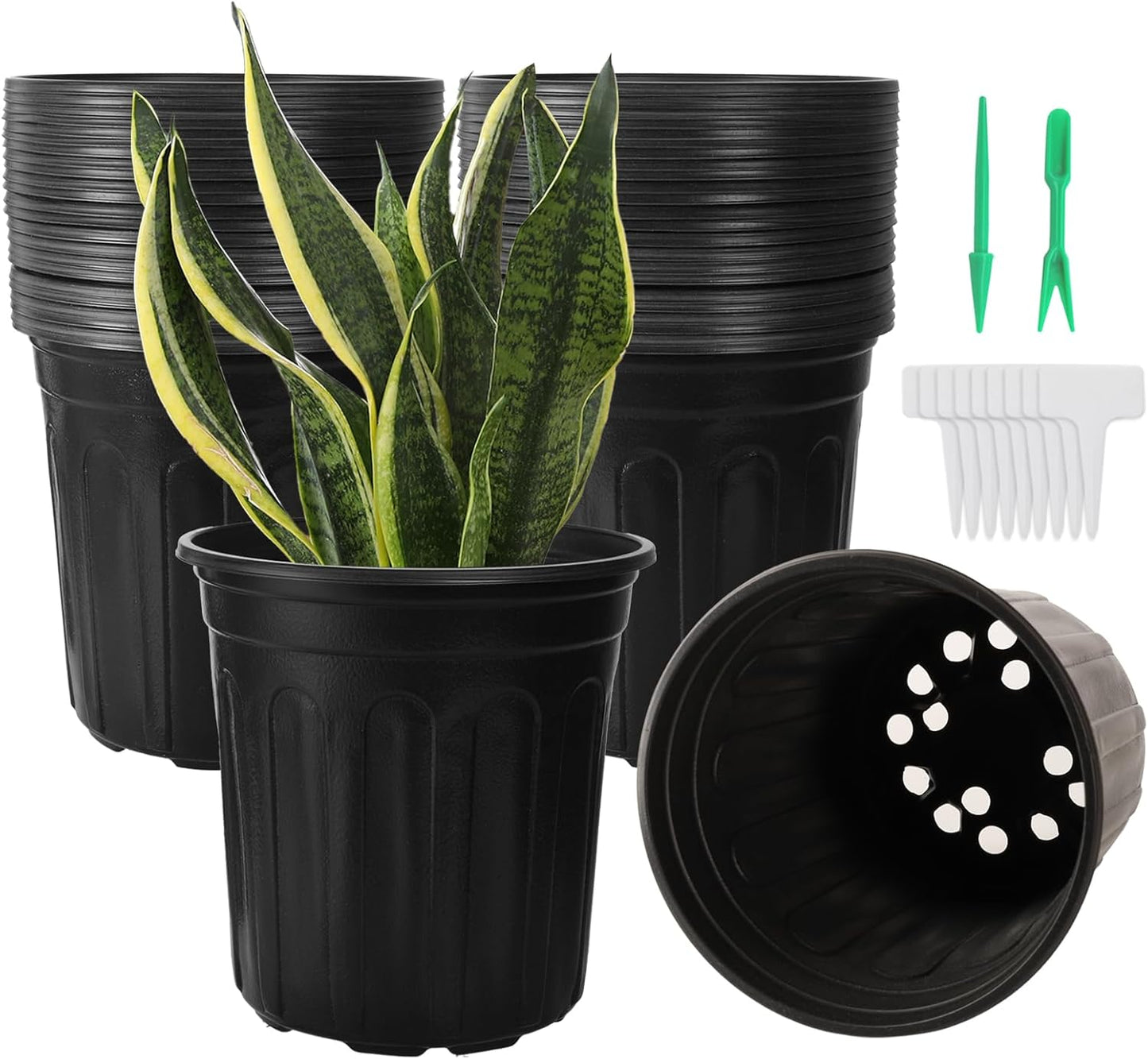 100 Pack 1 Gallon Flexible Plant Nursery Pots, Thickened Soft Plastic Plant Pots with 100Pcs Waterproof Plastic T-Type Plant Tags and 2Pcs/Set Transplanting Digging Mini Tools(Black)