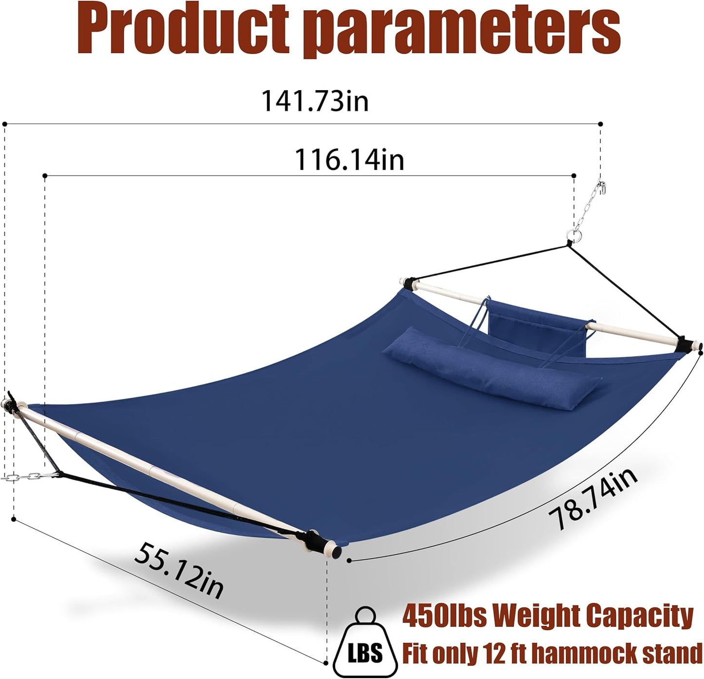 TegerDeger Anti-flip 12FT Hammock Large Hammock 450LB Capacity with Iron Spreader Bar & Nylon Rope for Outside, Patio, Garden, Backyard, Beach - Blue