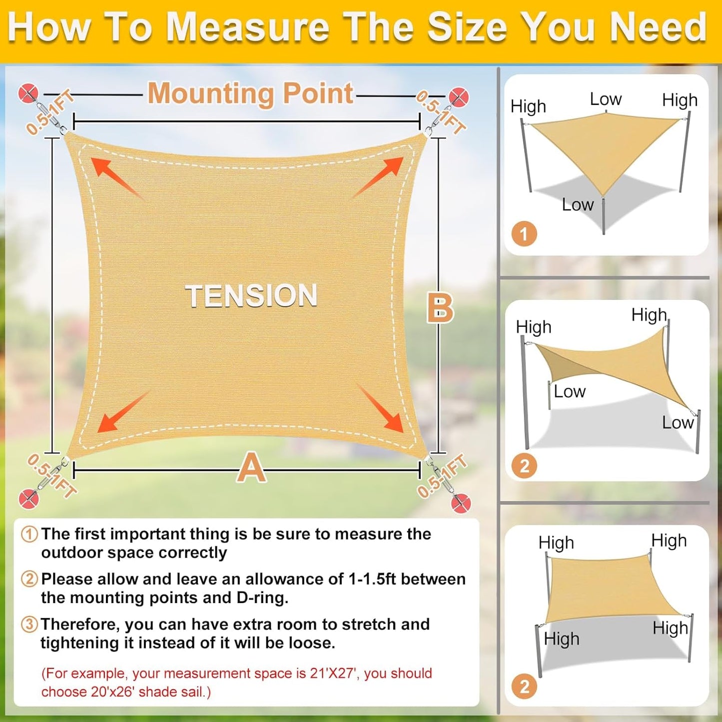 KANAGAWA Sun Shade Sail Curved 24'X24' Sand Rectangle Outdoor Shade Cover UV Blovk Canopy for Patio Garden Backyard Heavy Duty Permeable 185GSM (We Make Custom Size)