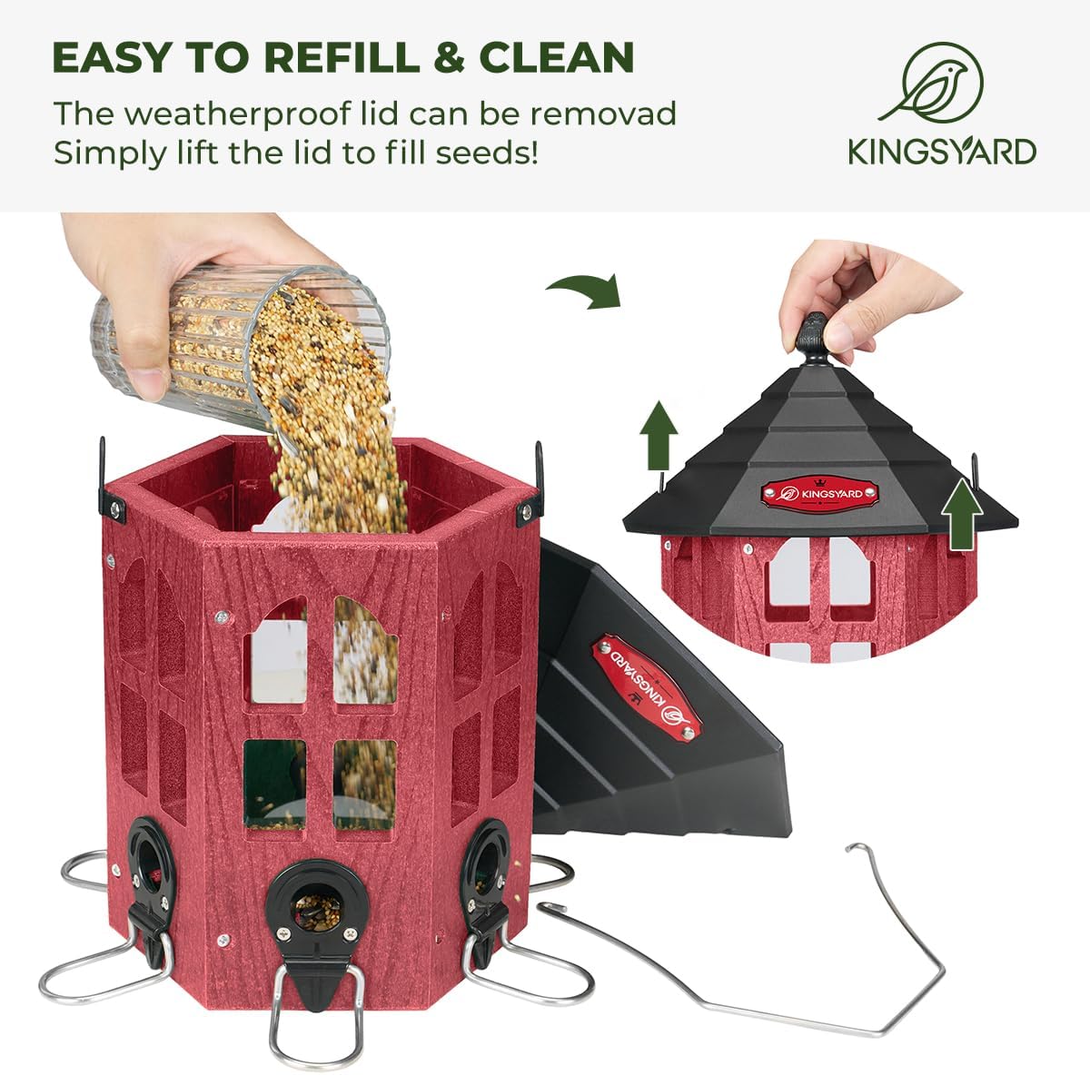 Kingsyard Wild Bird Feeder for Outdoor Hanging, Recycled Plastic Bird Feeders with 6 Ports & U-Shape Perch, Garden Yard Outside Decoration, 3.5 lbs Seed Capacity, Red