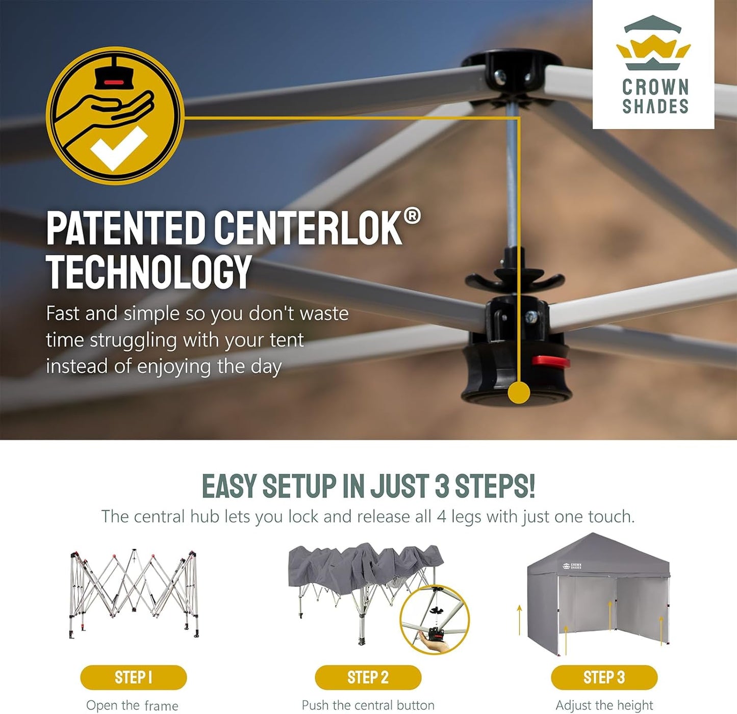 CROWN SHADES 10X10 Comercial Instant Canopy Pop Up Tent with Center Lock (10x10 with 4 Sidewalls, Grey)