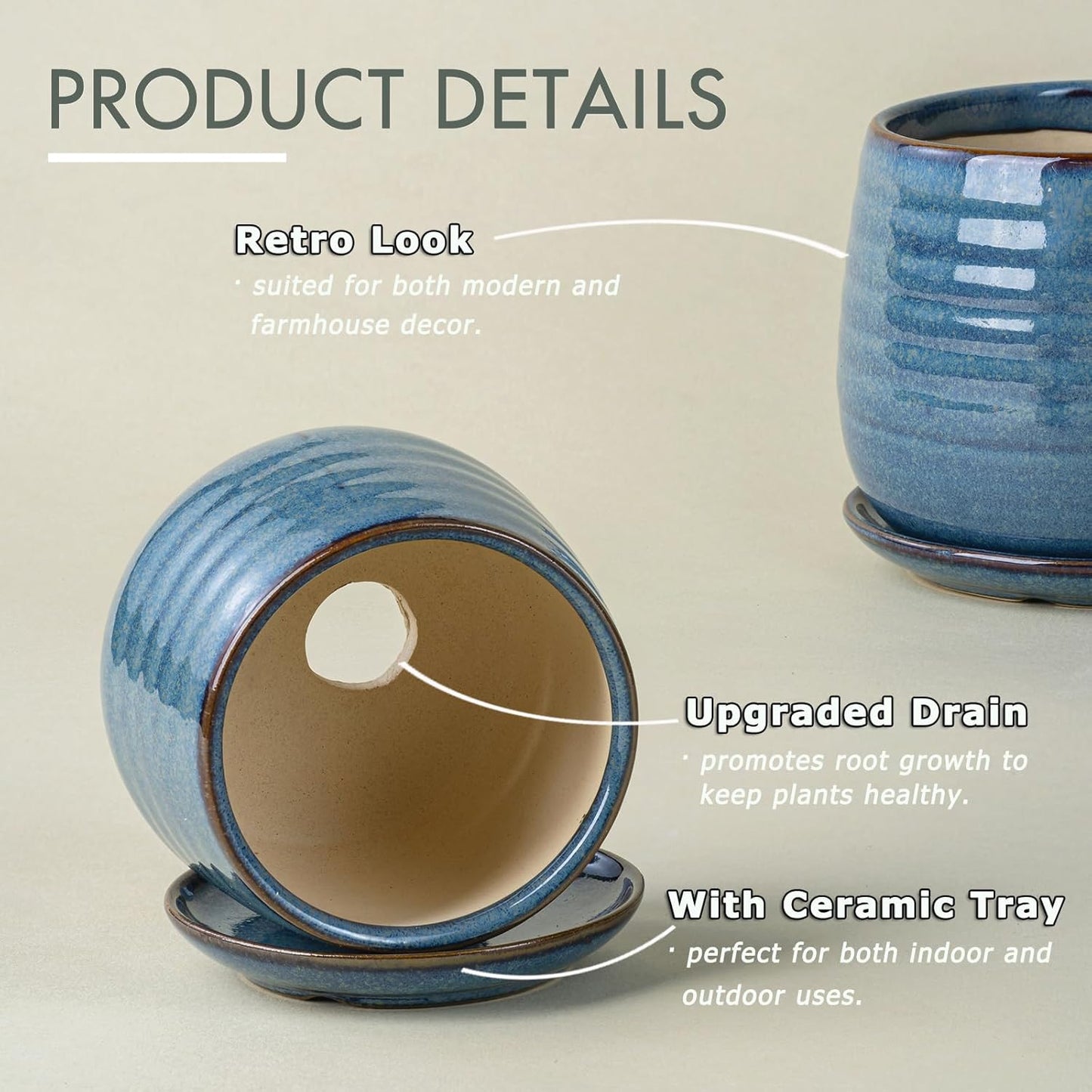 Ceramic Plant Pots with Drainage Holes and Saucers, Indoor Flower Pots for Plants Set of 3, 3.4+4.7+6.1 inch Cute Garden Pots Set for Succulent and Money Tree, Gift for Housewarmings, Blue