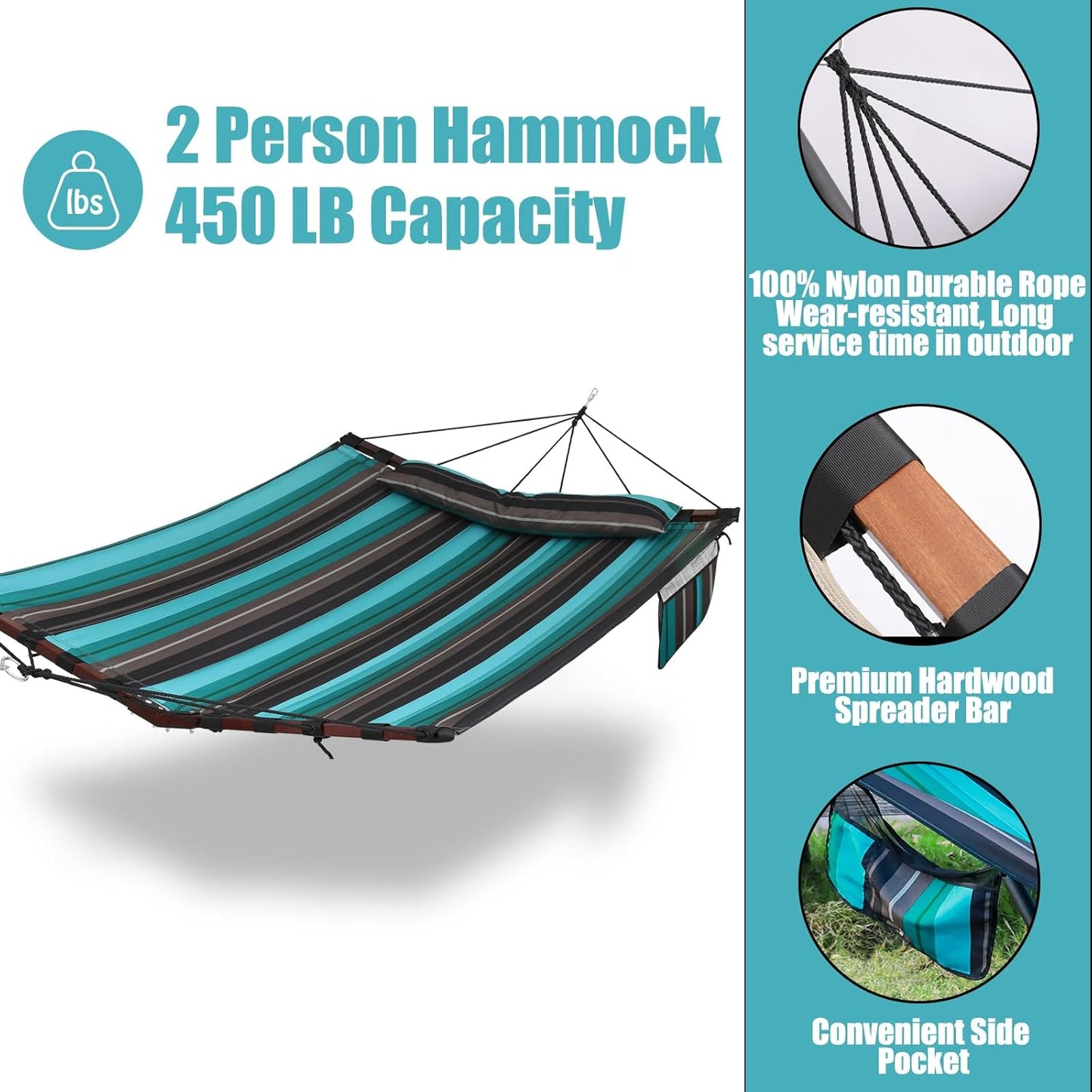 TegerDeger 12FT 2 Person Hammock Large Hammock 450LB Capacity with V Shaped Hardwood Spreader Bar & Nylon Rope for Outside, Patio, Garden, Backyard, Beach, Poolside - Teal Stripes
