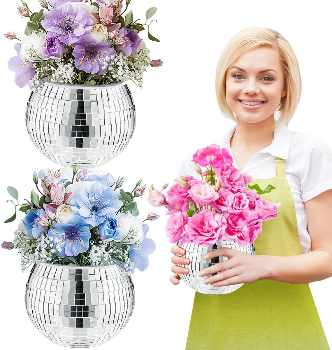 2 Pcs Disco Ball Vase, 5 x 6 Inch Mirrored Disco Ball Planters Perfect for Decorative Living Room, Bedroom, Dining Table, Wedding, Party, Birthday