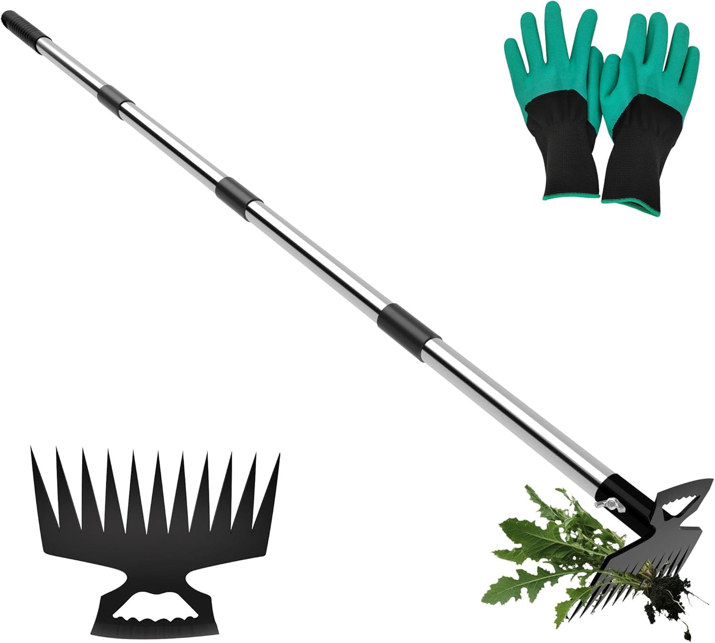 Weeding Puller Tool with Long Handle, 11 Tooth Manual Weed Rake Weeder Remover Tool Gardening with Gloves, Dandelion Gardenia Uprooting Tool for Yard, Lawn, Patio and Garden