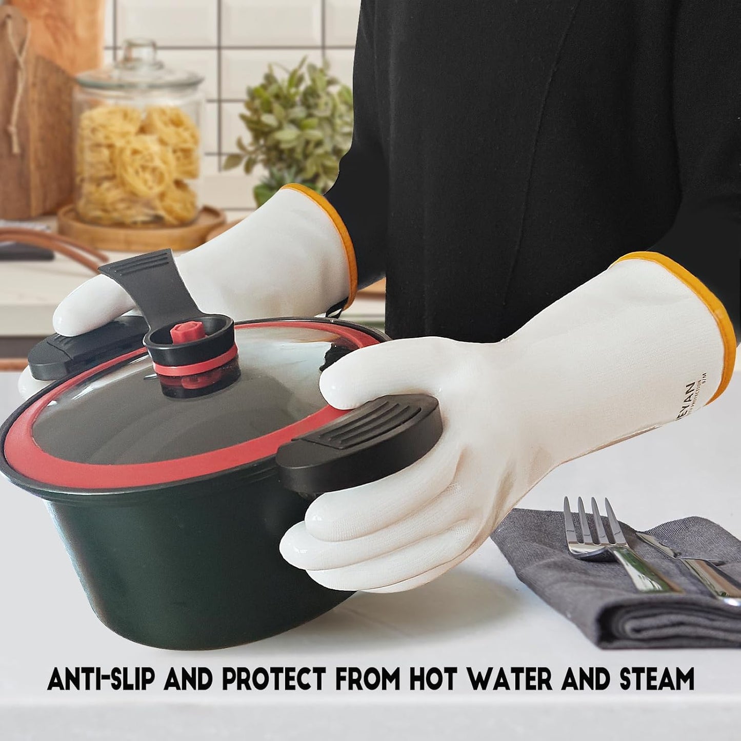 DEYAN Silicone BBQ & Oven Gloves - Food Grade, Heat Resistant Waterproof & Oil Proof Gloves for Grilling, Baking, Frying, Cooking - Long Sleeve & Non-Slip Grip, 1 Pair (White, 10/XL)