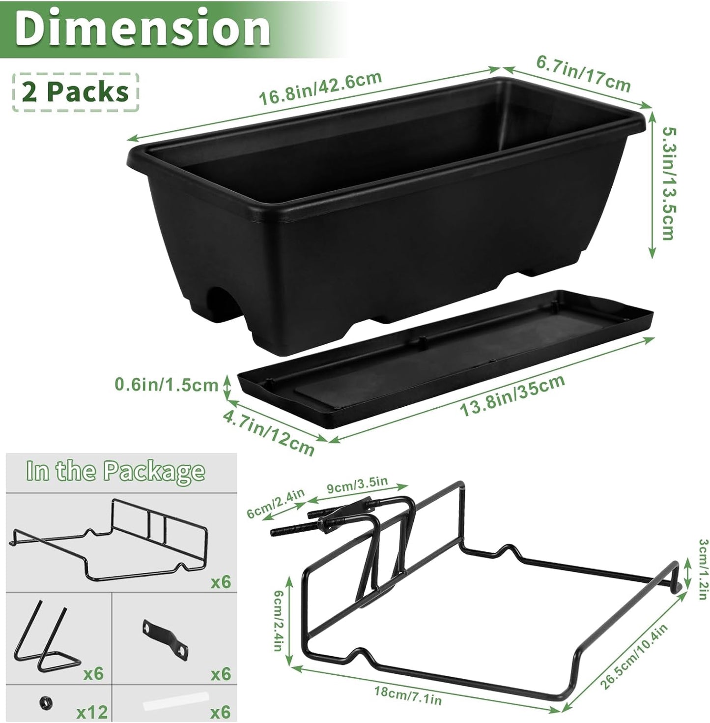 HAITRAL Hanging Planters for Outdoor Plants,Deck Railing Planter Boxes Countryside Style Window Boxes Planters, Balcony Flower Pots Plastic Railing Planter with Metal Brackets for Fence,Black 2 Pcs