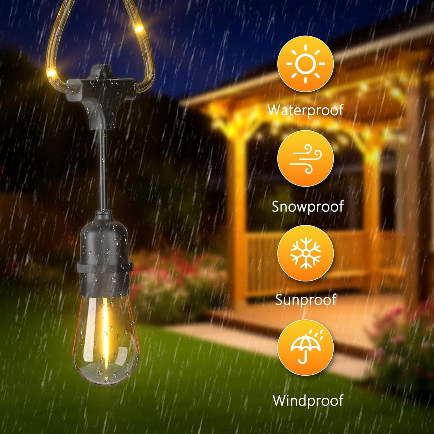 Outdoor String Fairy Lights, 48ft Dimmable Patio Lights with 15+1 S14 Retro Edison Bulbs & 144 Fairy Rope, IP65 Waterproof, LED Outside Hanging Light for Party Backyard Bistro, 7 Strands Connectable