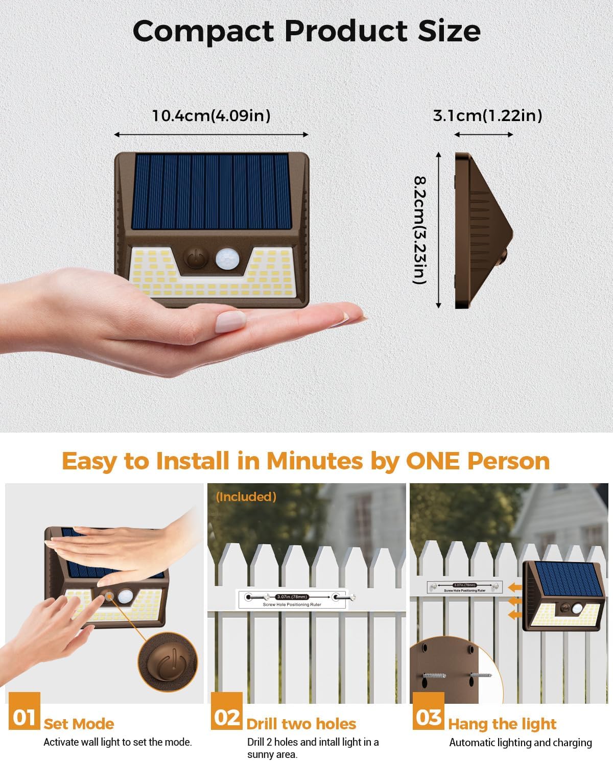 4 Pack Solar Fence Lights Waterproof, Motion Sensor Deck Outdoor, Warm White LED for Wall Yard Steps Stairs Garden - Brown