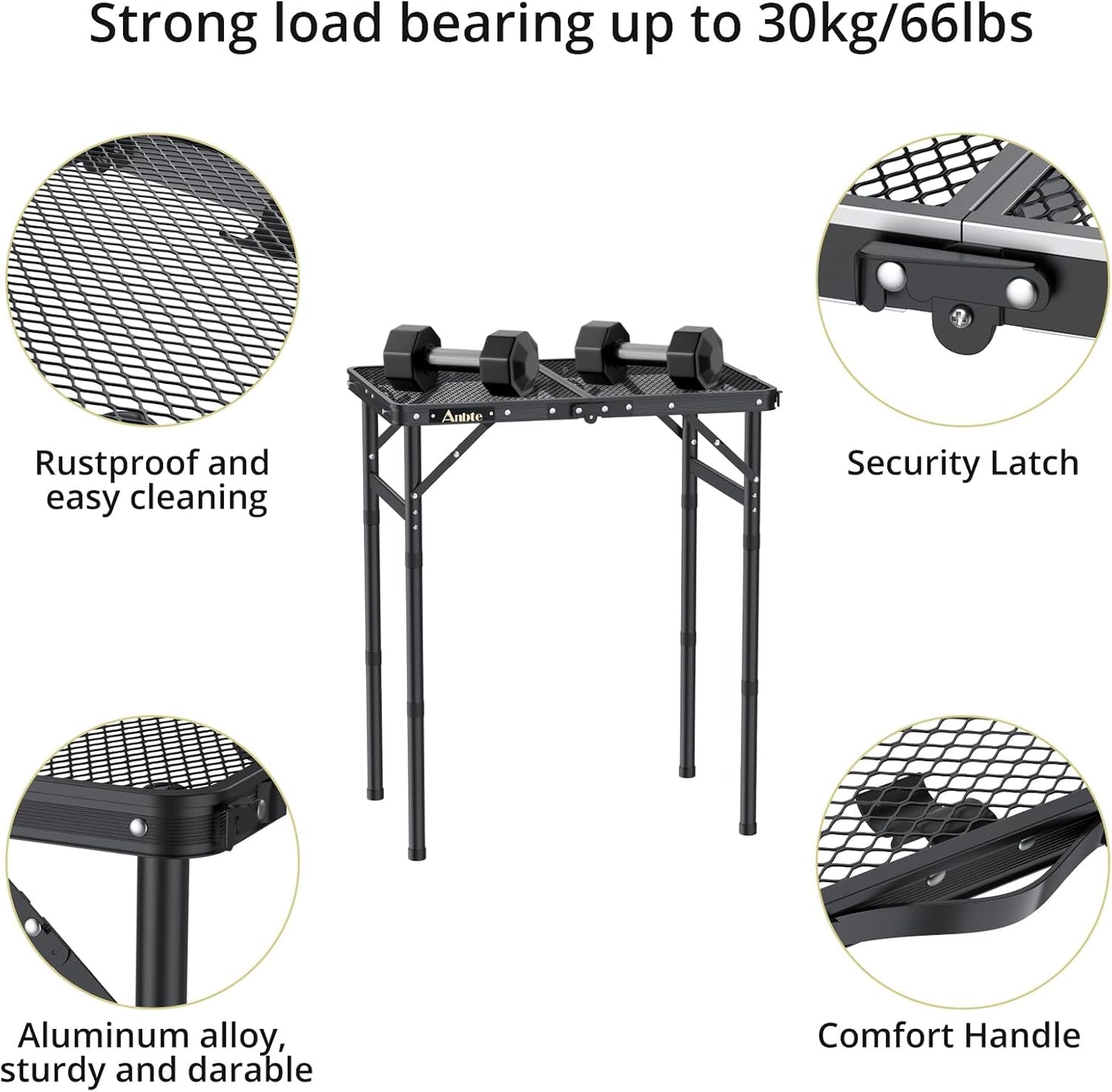 Folding Grill Table, Aluminum Camping Table Adjustable Height Max 27.5" Picnic Table Outdoor Table, Lightweight, Portable Handle for Travel Cooking BBQ Picnic, 22.8" x 16", Black
