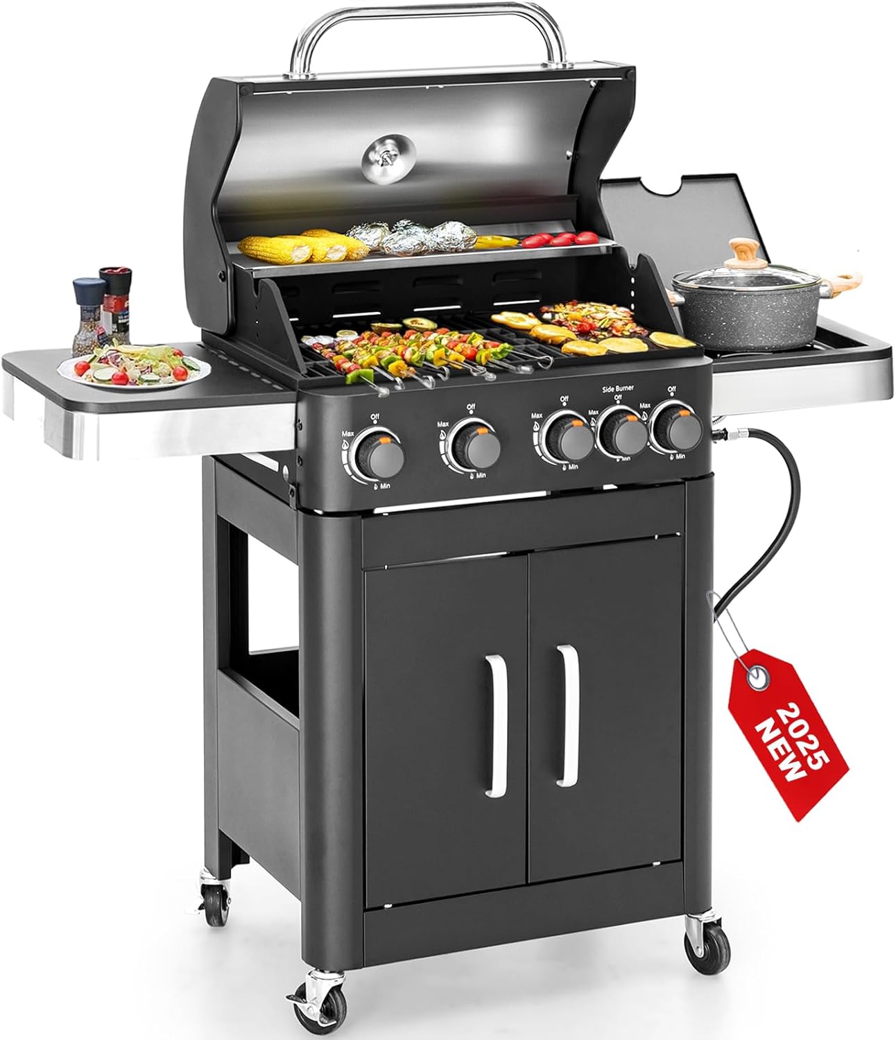 2 in 1 Propane Gas BBQ Grill with Side Burner & Porcelain-Enameled Cast Iron Grate, 4-Burner Flat Top Griddle, 46,700 BTU Outdoor Barbecue Propane Griddle Grill Combo for Camping, Patio, Backyard