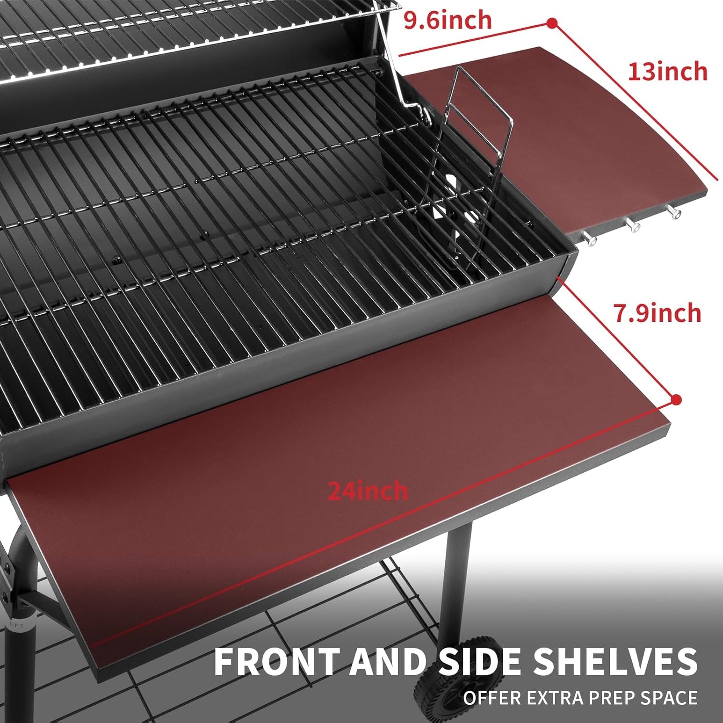 Barrel Charcoal Grill, Large Charcoal Grills with Front and Side Shelf, 627 Square Inches Cooking Grid, Outdoor BBQ Grill, Perfect for Backyard Camping, Patio Parties, and Picnics