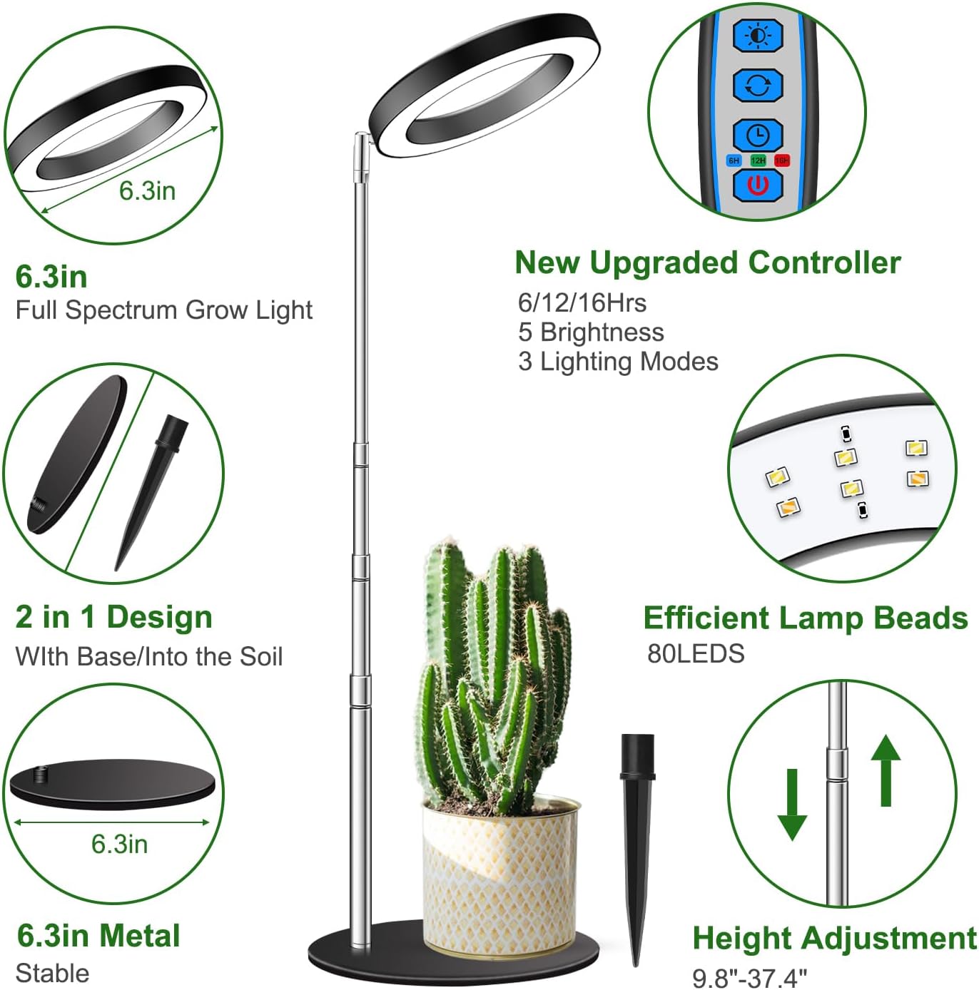 Grow Lights, Full Spectrum Plant Light for Indoor Plants, 2 in 1 Design 6.3in Desktop Growing Lamp with Auto Timer for 6/12/16Hrs,3 Optional Spectrums,5 Brightness,Height Adjustable 9.8"-37.4"