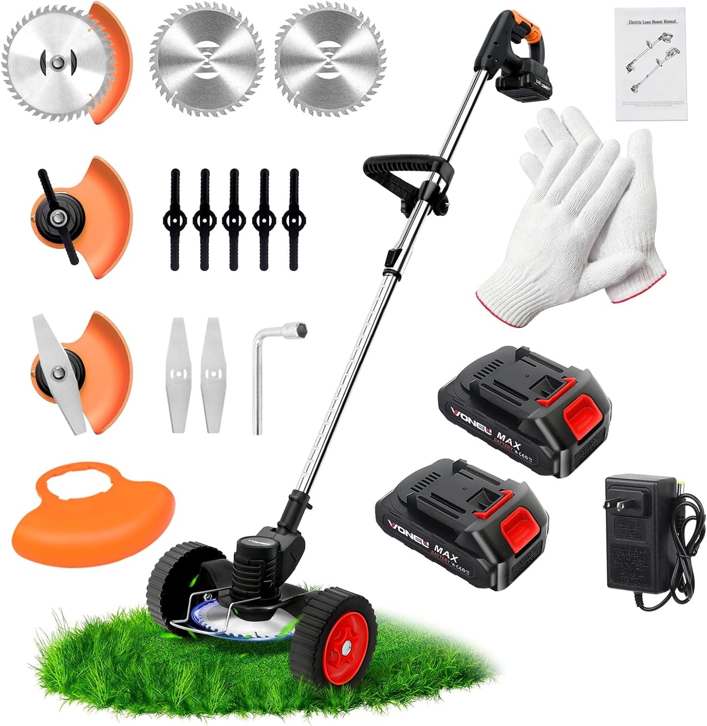 21V Electric Weed Wacker, Cordless Grass Trimmer with 2 Batteries & Charger, 3 in 1 Stringless Brush Cutter/Weed Eater/Edger/Lawn Mower with 3 Types Blade & Wheels for Garden and Yard Lawn