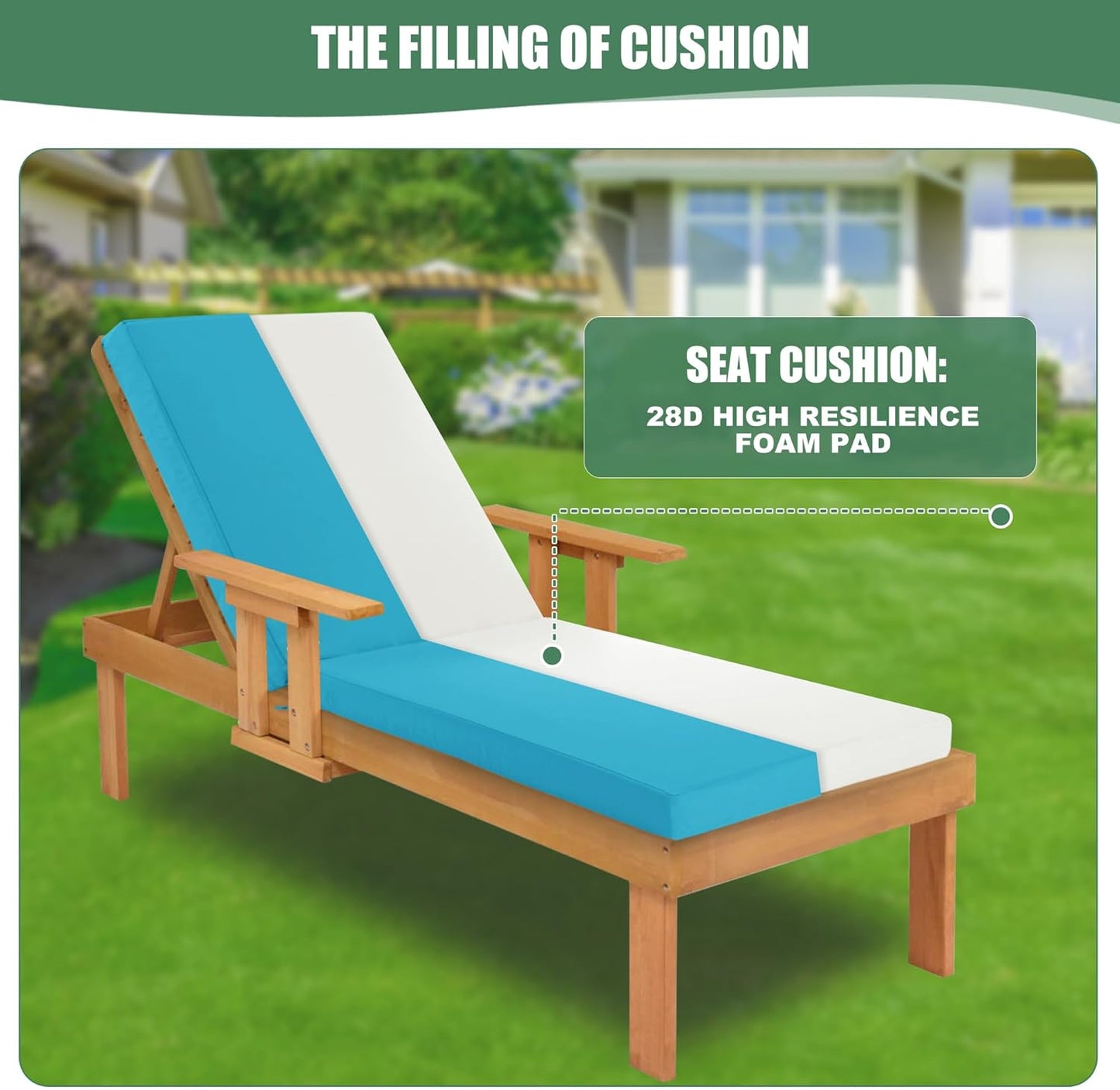 Chaise Lounge Cushions Outdoor - Waterproof and Fade Resistant Sun Lounger Replacement Cushions - Patio Lounger Pads with Removable Cover for Pool, Deck, Lawn, 72 x 21 x 3 Inch, Teal