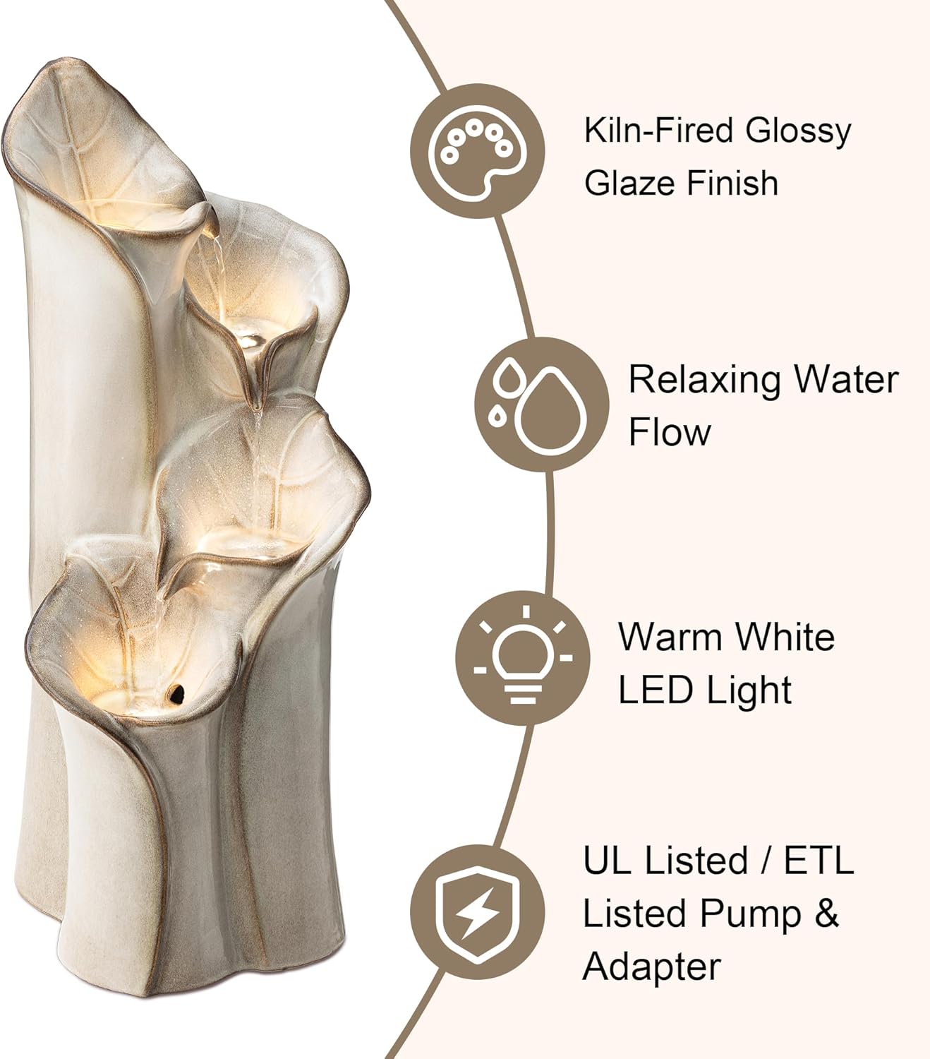 Glitzhome 31.25" H Outdoor Water Fountain with LED Lights and Pump, 4 Tier Sand Beige Lotus Leaf Textured Ceramic Floor Standing Fountain, Vase Waterfall Fountains for Porch Deck Garden Patio Backyard