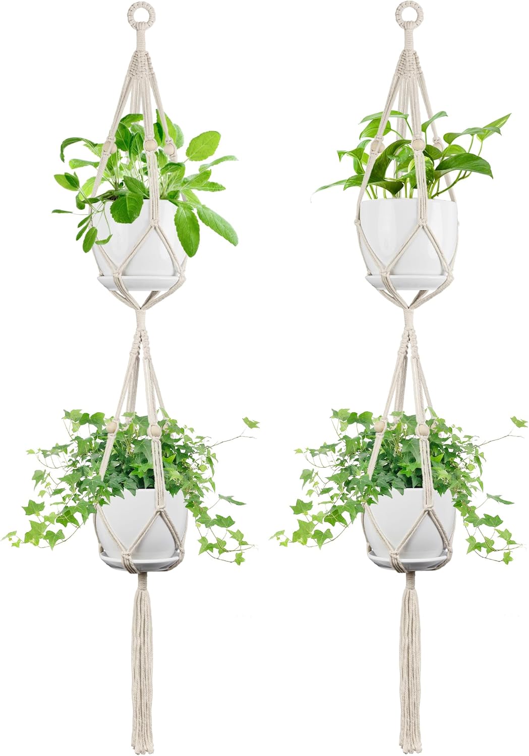 2 Pack Macrame Plant Hanger, 49 Inch, Fits 4-8 Inch Pots, 2 Tier Indoor Outdoor Hanging Planter Basket Flower Pot Holder, Boho Home Decor, Ivory (POTS NOT Included)