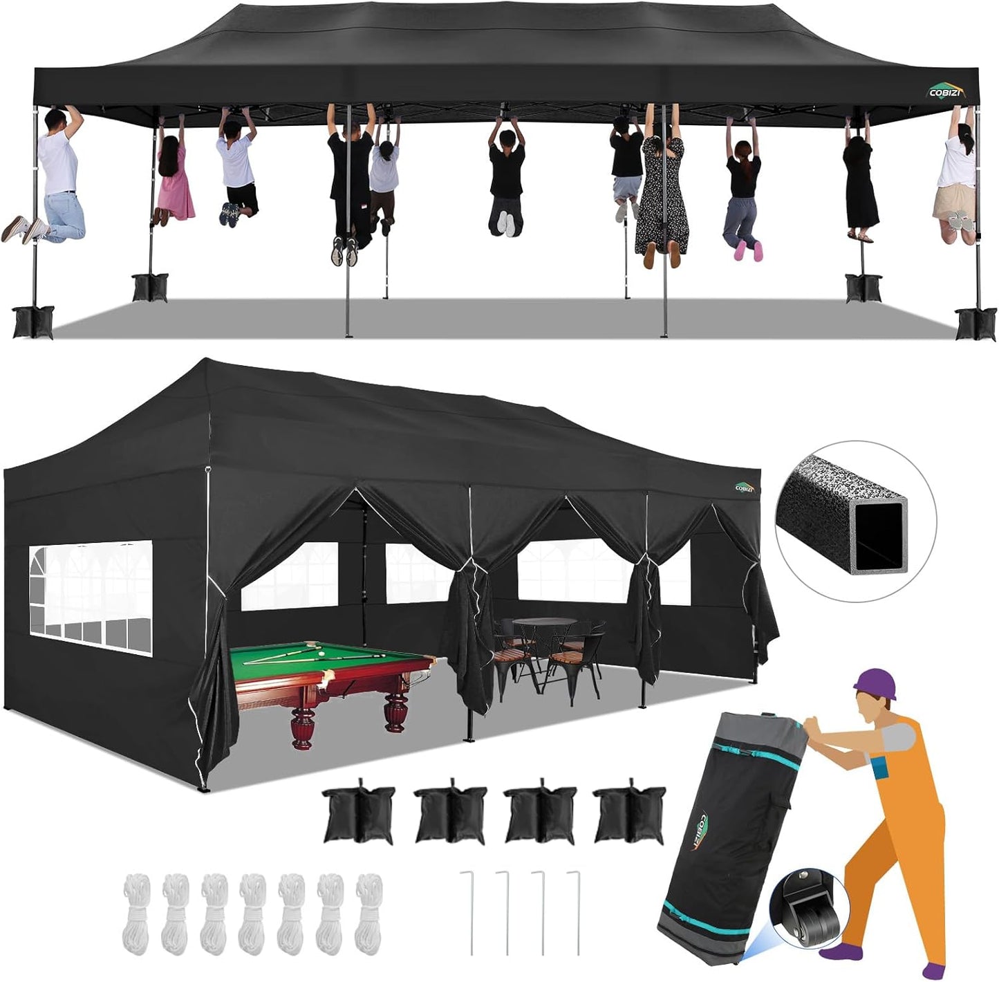 COBIZI 10x30 Pop up Canopy Tent 10x30 Canopy with Sidewalls, Heavy Duty Party Tent Tents for Parties, Foldable UPF 50+ Waterproof Commercial Easy up Canopy with Roller Bag, Black(Windproof Upgraded)