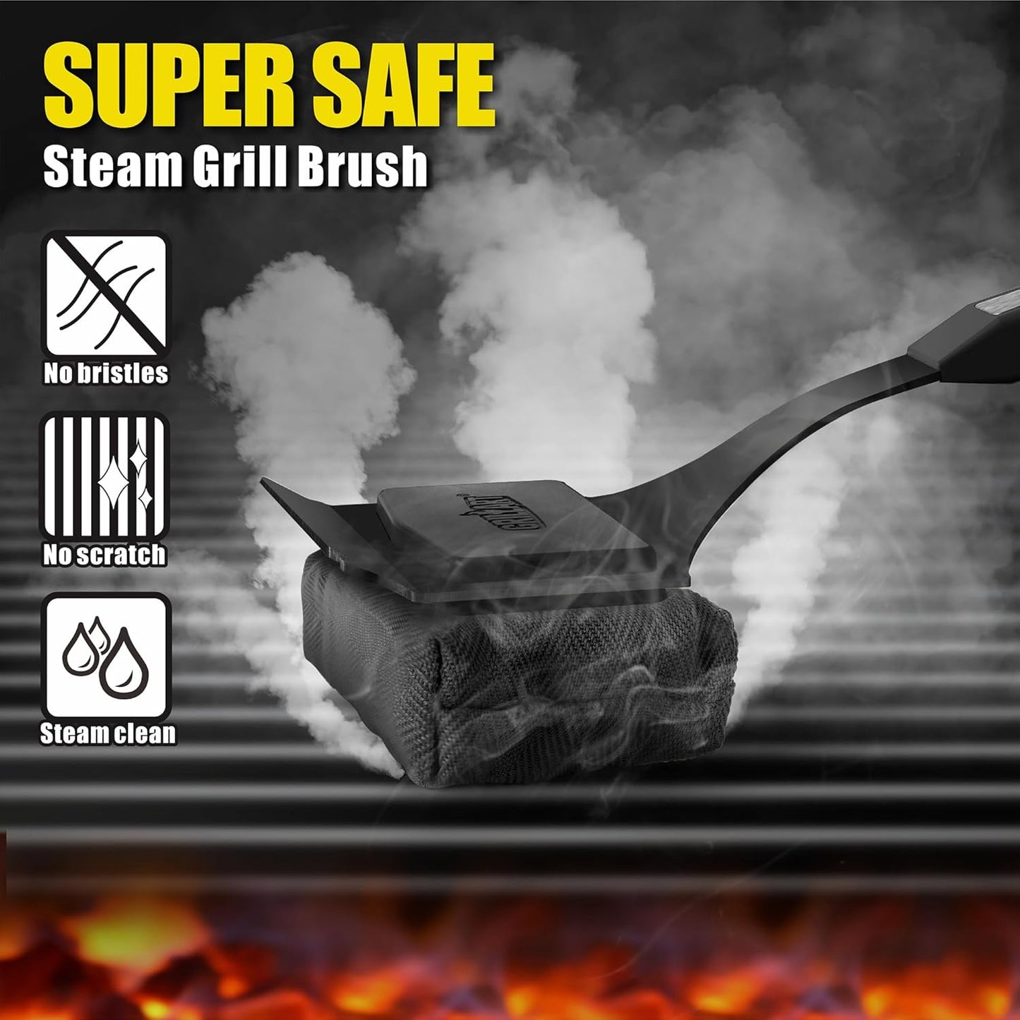 GRILLART Grill Brush Bristle Free. SteamWizards BBQ Replaceable Cleaning Head, Seamless-Fit Scraper Tools for Cast Iron/Stainless-Steel Grates Griddle, Safe Barbecue Grill Cleaner Brush-Dark Black