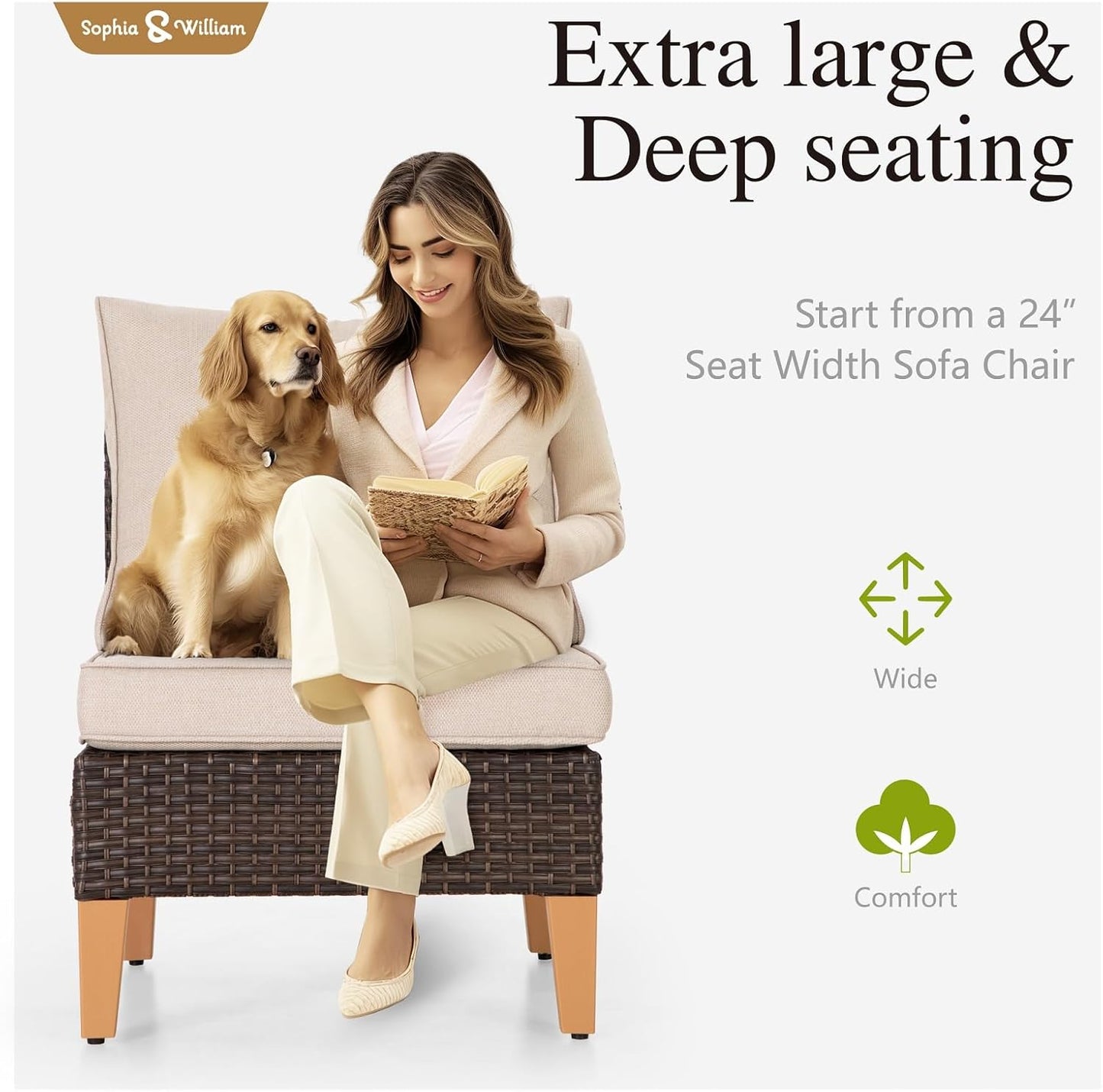 Sophia & William Large Half-Moon Outdoor Patio Furniture Set 9 Piece High Back Wicker Rattan Patio Sectional Furniture Sofa Set Fan-Shaped Conversation Set with 4 Ottomans & 4" Thick Cushions, Beige