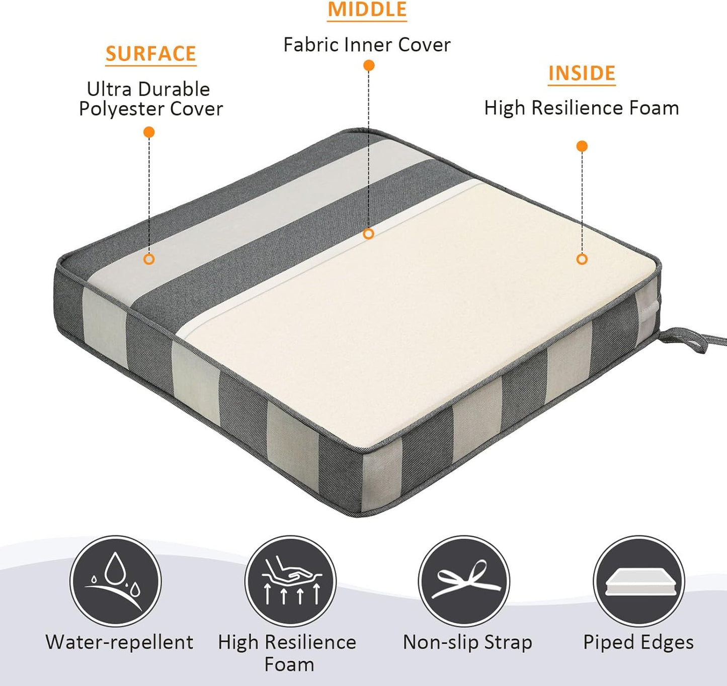 Square Corner Seat Cushions, 18.5" x 16" x 3", Set of 4, Indoor Outdoor Water Repellent Universal Chair Pads with Ties for Patio Furniture, Garden Deck Dining Chairs, Gray Stripe