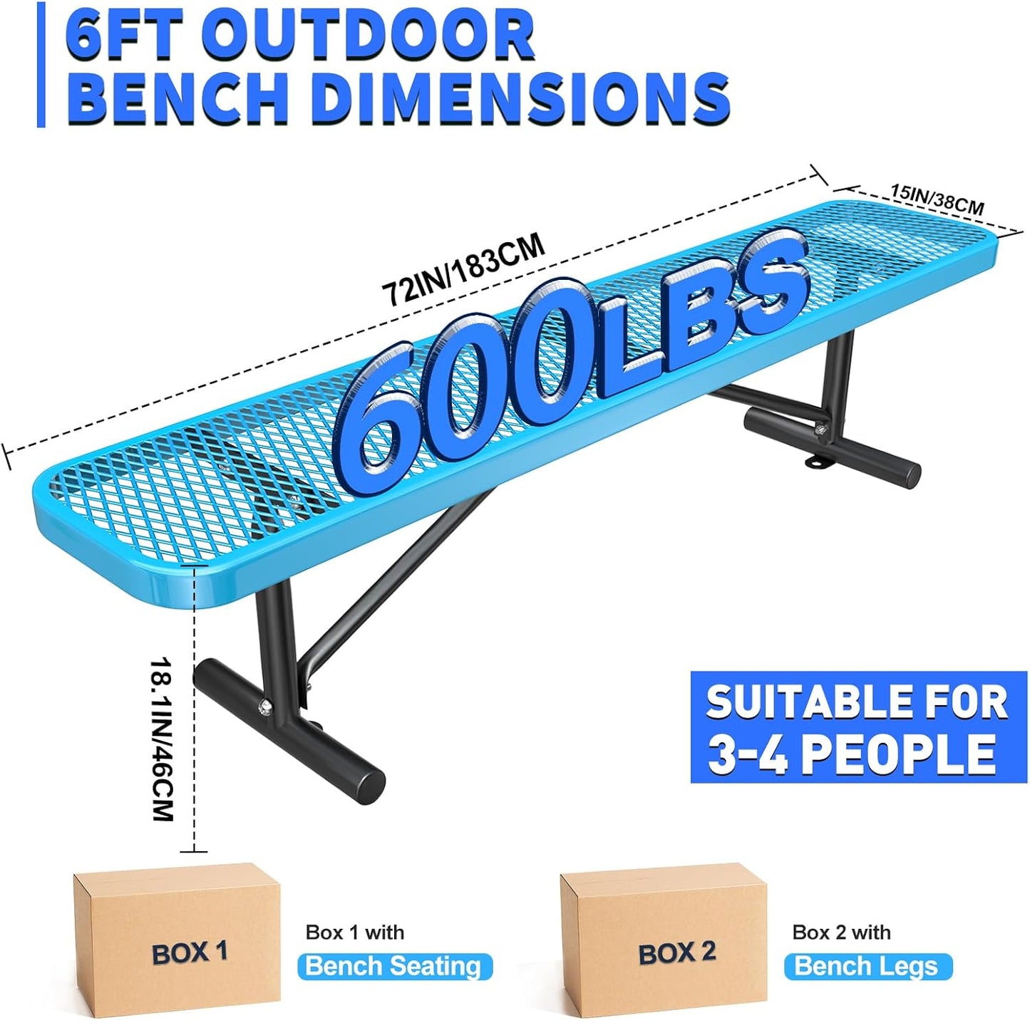 Thermoplastic Coated Iron Park Bench for Outside, Heavy Duty Metal Garden Bench, Expanded Commercial Grade Seating for Shopping Malls, Lawn Yard Porch Entryway (Blue Without Backrest, 72IN)