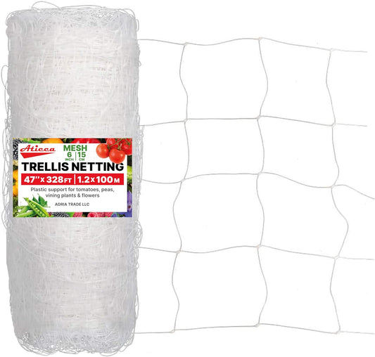 Plastic Trellis Netting 47" x 328 ft Heavy Duty Plant Support Netting White - 6 Inch Garden Trellis on Roll - Mesh for Growing Vine Climbing Plants, Flowers, Peas, and Cucumber