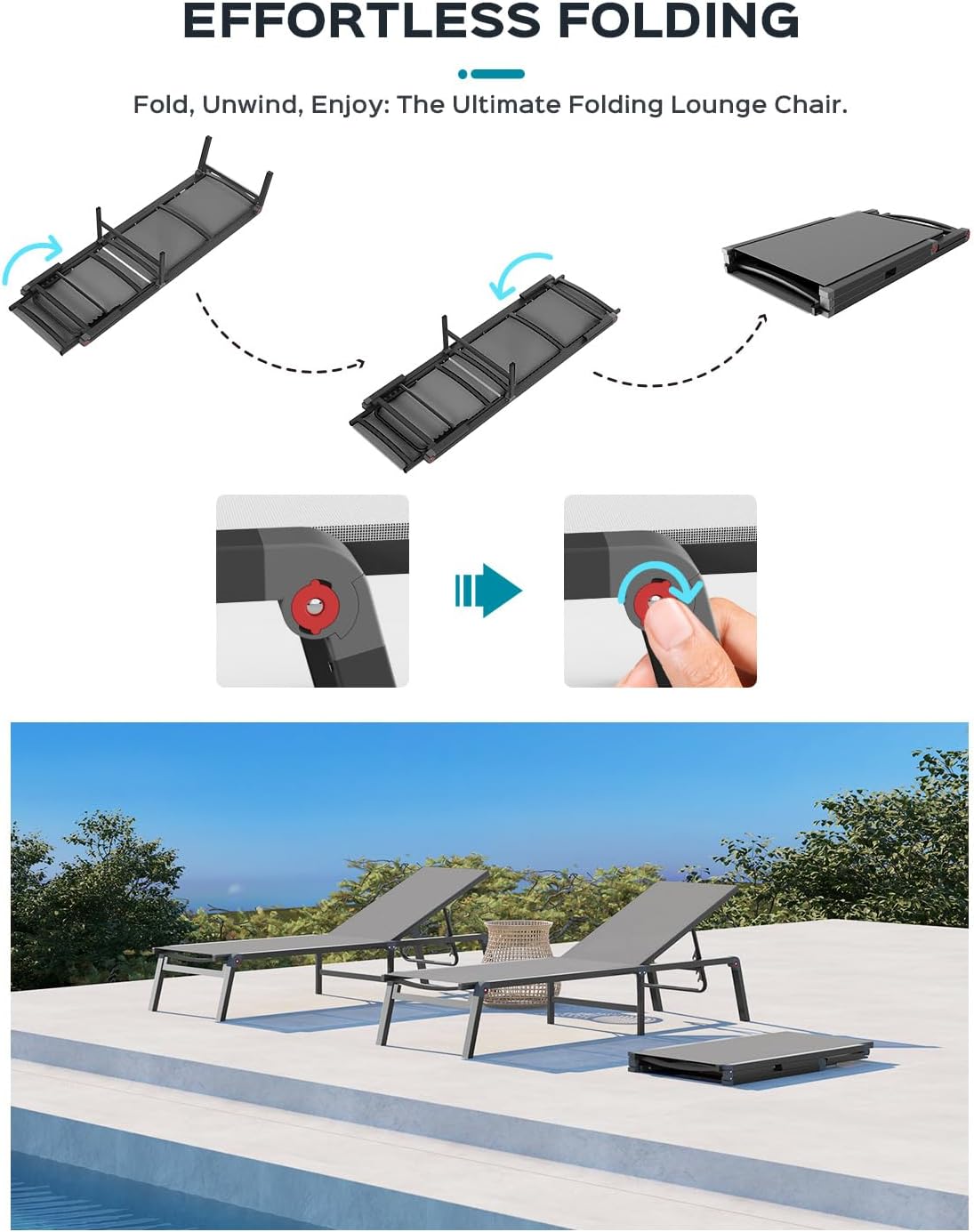 Aluminum Chaise Lounge Ourdoor - Foldable & Assemble Free Outdoor Lounge Chair with 5 Adjustable Backrest, Patio Lounge Chair for Outside Poolside Beach Pool, Grey