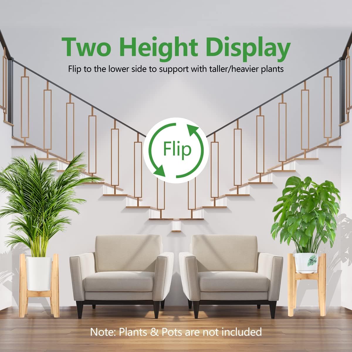 OERGKE 2 PACK Adjustable Plant Stand Indoor, Bamboo Mid Century Modern Plants Stands, Corner Flower Holder for Living Room, Fits 8 to 12 Inches Pots, (Pot & Plant Not Included)(Nature)