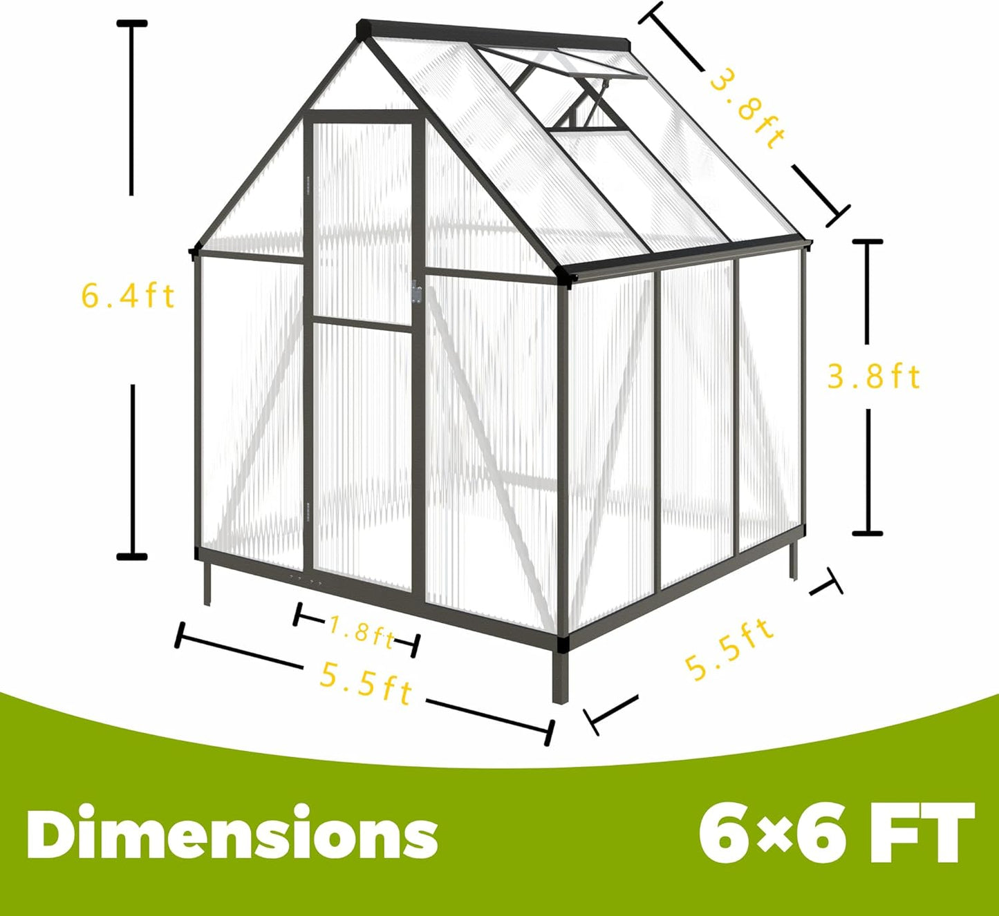 6 x 6 FT Greenhouse for Outdoors,Aluminum Large Walk-in Greenhouse,Dark Gray