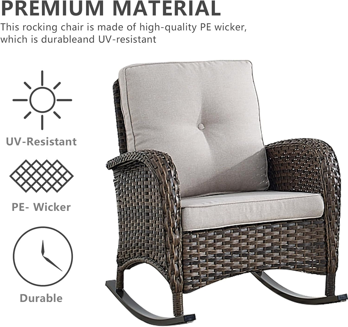 HUMMUH 3-Piece Outdoor Rocking Chairs,All-Weather PE Wicker Patio Rocker Chairs Bistro Set with Side Table,Porch Balcony Furniture with Cushions