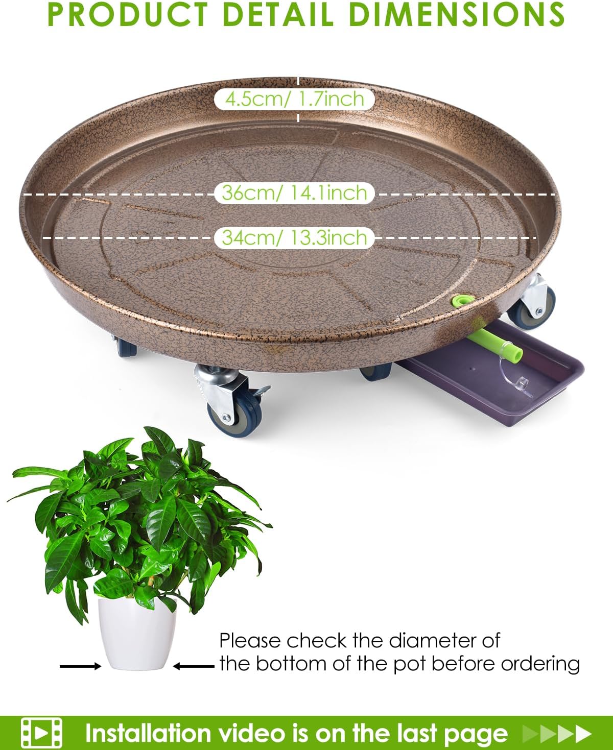 PACETAP 2Pack 14'' Large Plant Stand with Lockable Wheels, Heavy-Duty Plant Caddy with Casters for Indoor and Outdoor, Round Rolling Garden Pot Mover to Carry Potted Flower Pot