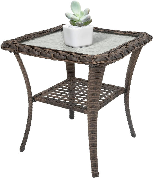 Handwoven Wicker Side Table - 20 Inch Small Outdoor Table 2 Tier Storage with Tempered Glass Top, All Weather Outdoor Patio End Tables for Deck Balcony Outside Brown
