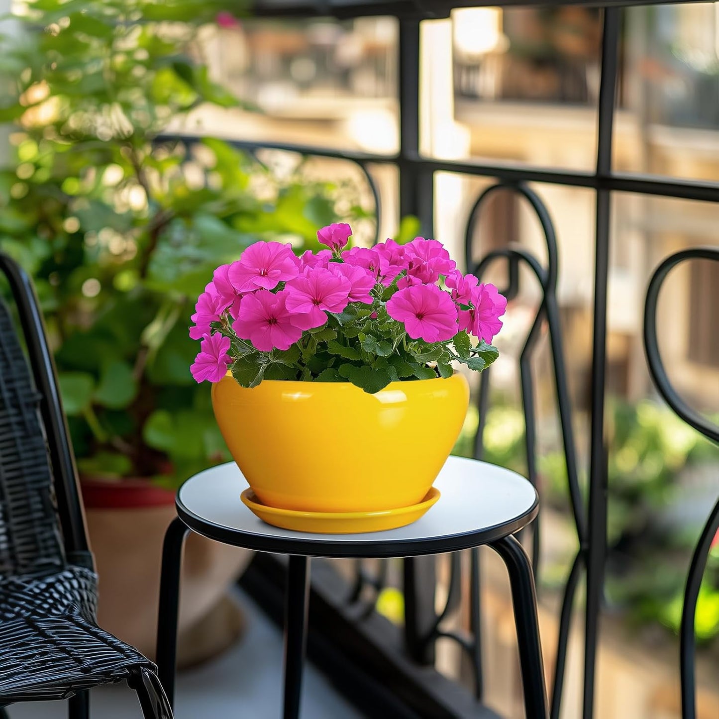 Ceramic Planter 9 Inch - Mid-Century Round Modern Plant Pot Indoor with Drainage Hole and Saucer for Outdoor Plants, Balcony House Garden Patio Home Decor, Yellow