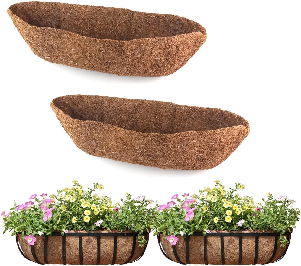 2 Pack Trough Coco Liner Fiber Replacement for Planters, 24/30/36/48 inch Half Moon Coconut Coir Planter for Window Box/Hanging Trough Planter, Garden Flower Vegetables Pot, Fence Flower Baskets