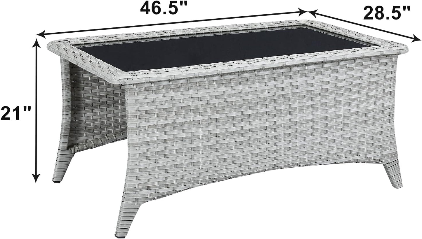 Patio Tables Wicker Coffee Table - Outdoor Rattan Coffee Tables with Glass Top for Patio Proch Deck Balcony Rectangle Light Grey