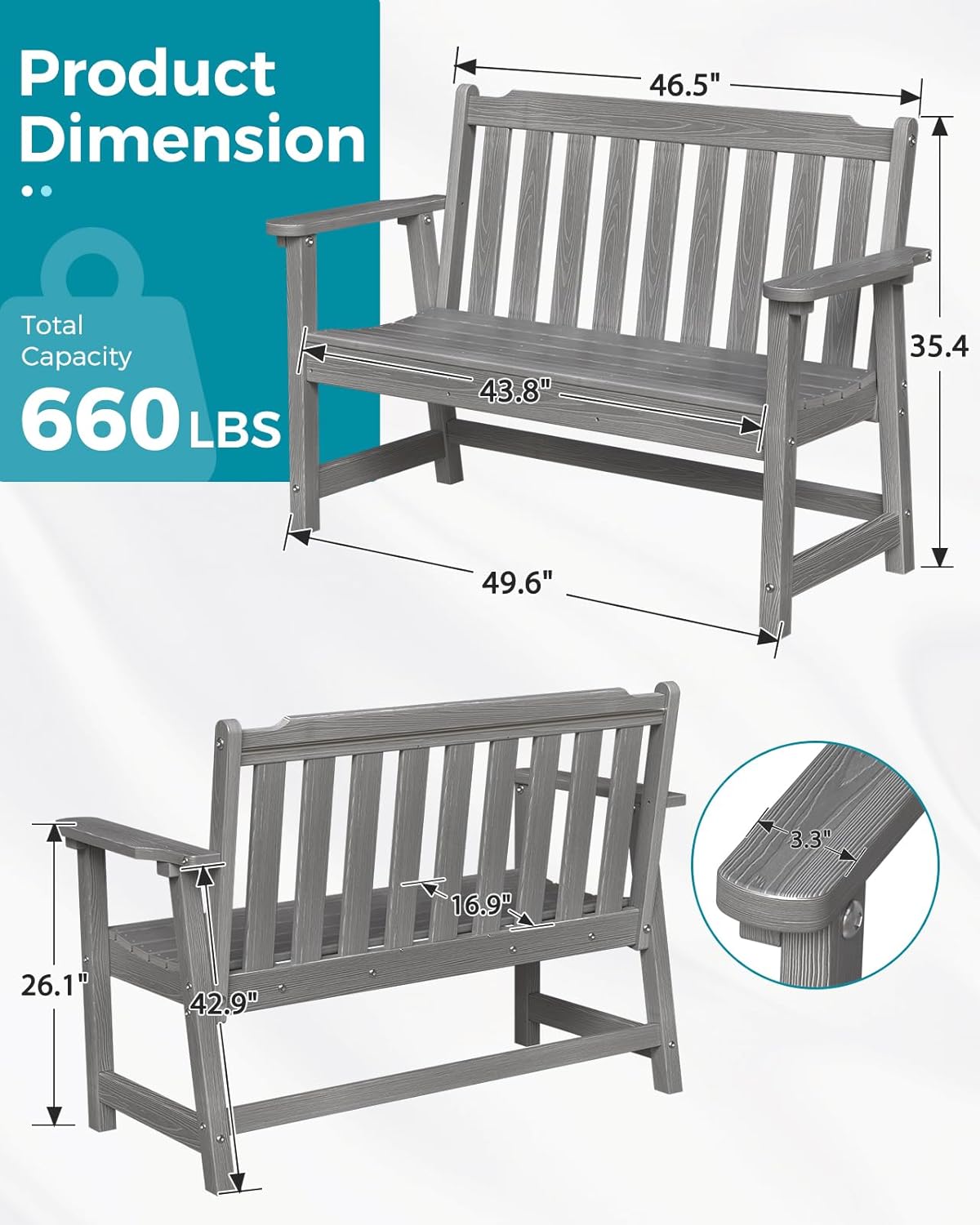 Outdoor Bench, 2-Person HDPE Garden Bench, All Weather Poly Patio Bench for Outdoors, Garden, Backyard, Porch and Park, 660 lbs Weight Capacity, Grey