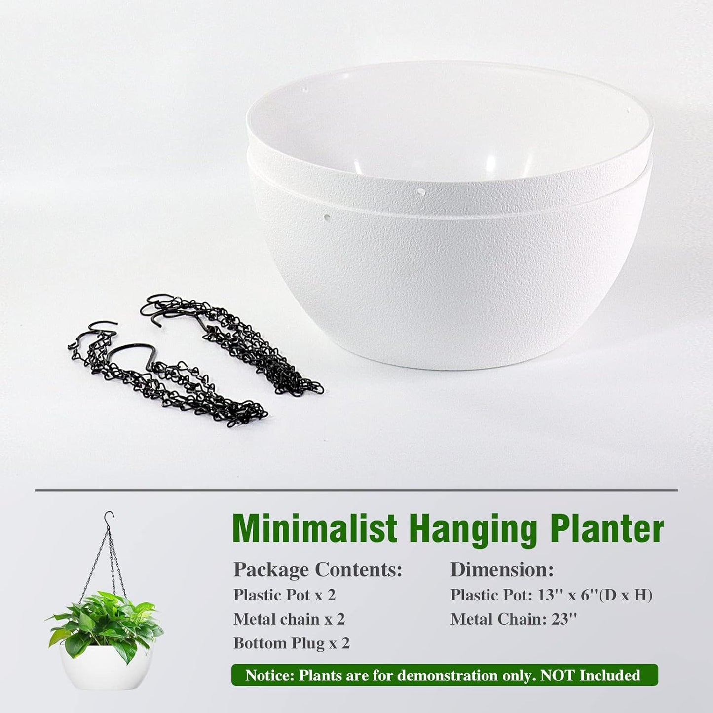 13 inch Large Hanging Planters Plant Pots for Outdoor Indoor Plants with Drainage Holes and Chain, 2 Pack Round Hanging Flower Pots for Garden Home Porch Decor, White