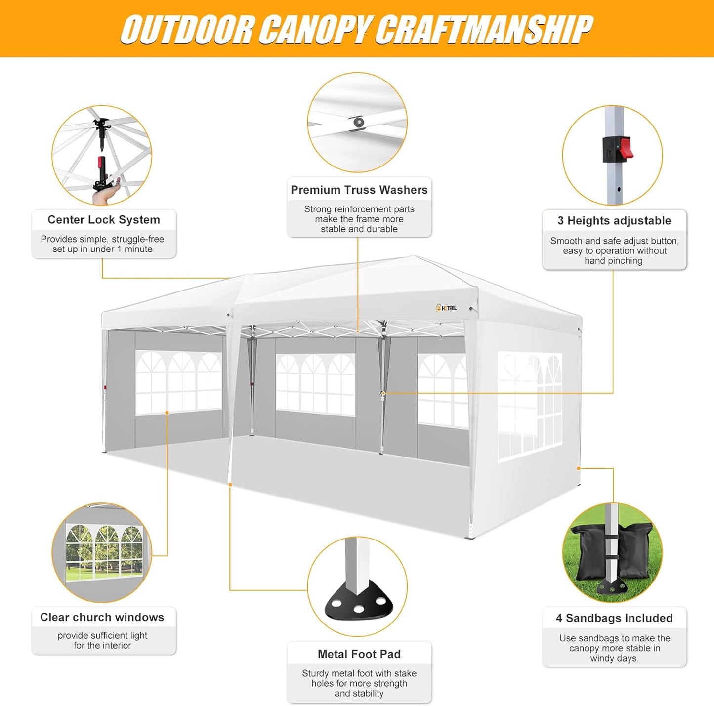 HOTEEL 10x20 Pop up Canopy with Sidewalls, One Push Outdoor Tents for Parties Waterproof Canopy Tent with Reinforce Rod, Easy Setup Event Tent with Sandbag for Backyard, Camping, Wedding, White