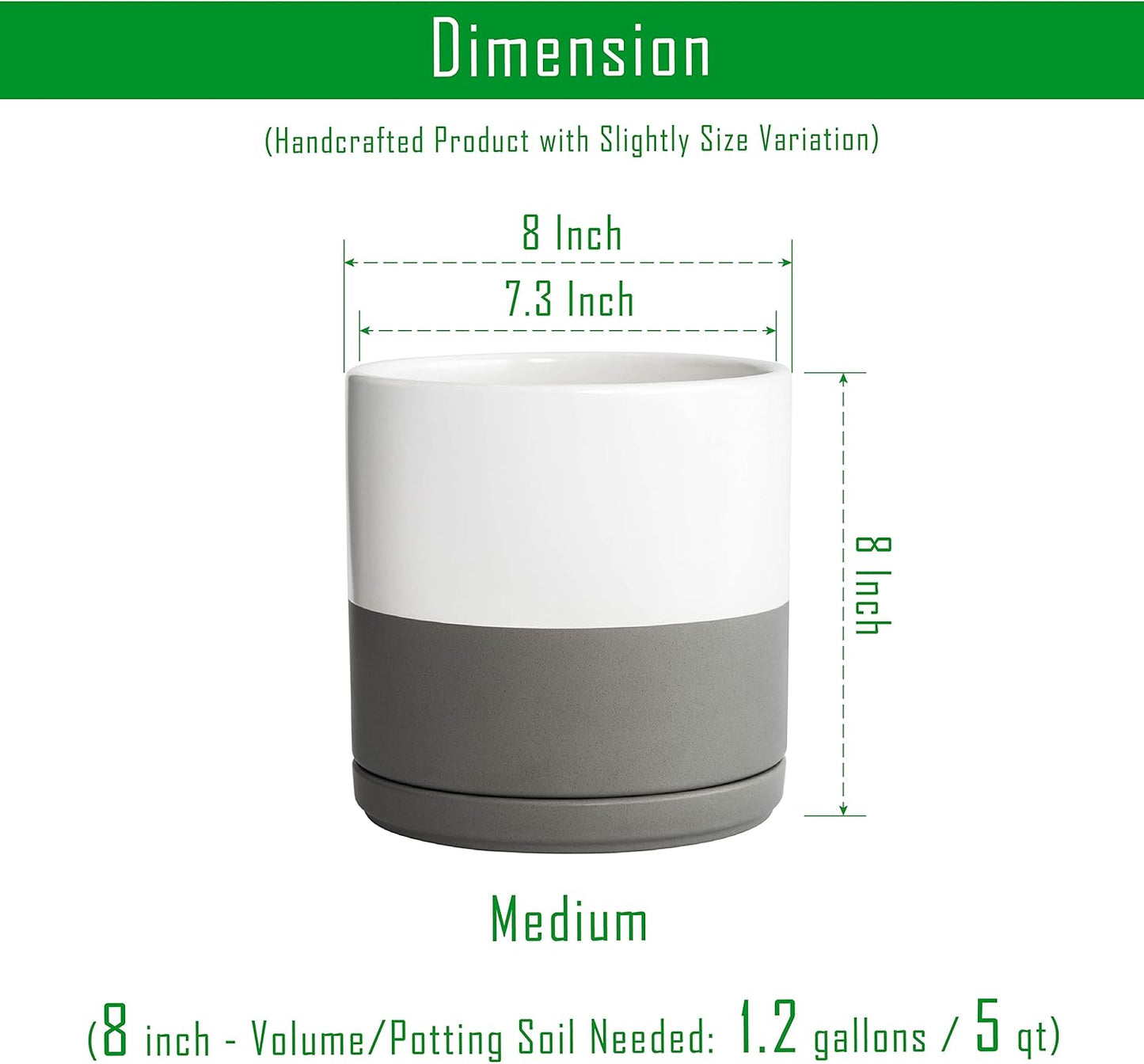 D'vine Dev 8 Inch Ceramic Planter Pot with Drainage Hole and Saucer, Indoor Cylinder Round Planter Pot, White/Speckled Grey, 94-O-D-6