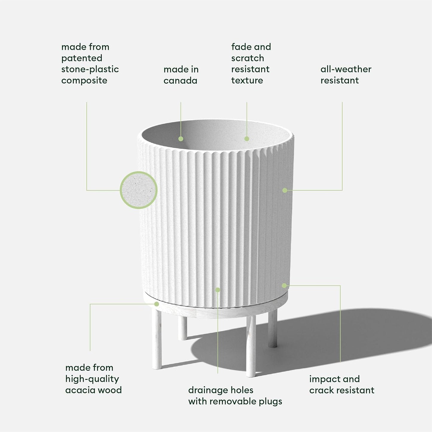 Veradek Demi Series Round Planter w/Stand for Porch/Patio | Durable Plastic-Stone Composite & Wooden Stand | Modern Décor for Tall Plants, Flowers