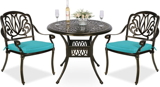 MEETWARM 3 Piece Patio Bistro Set, Outdoor All-Weather Cast Aluminum Dining Furniture Set Includes 2 Cushioned Chairs and a 35.4” Round Table with Umbrella Hole for Garden Deck, Ocean Blue