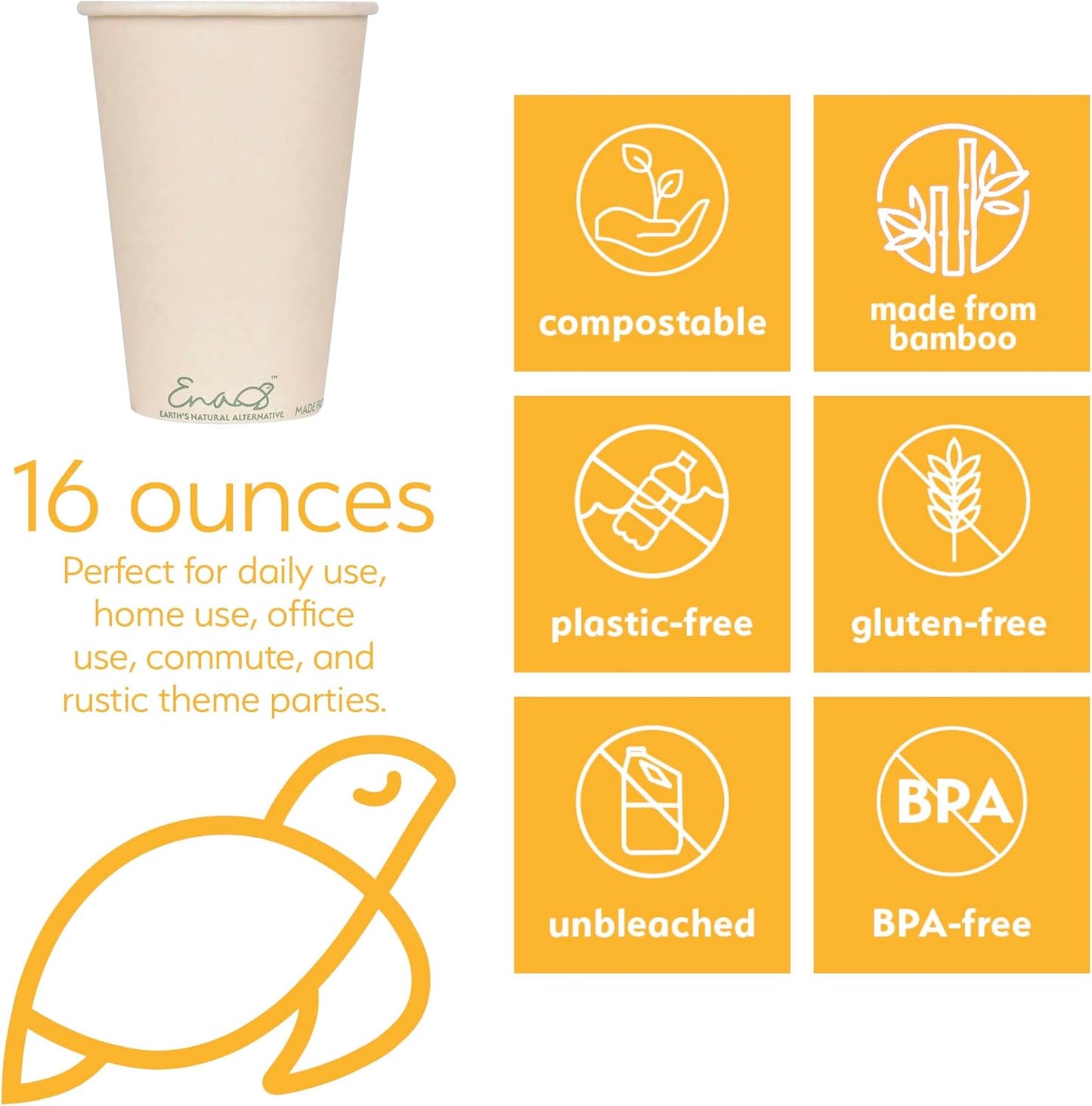 Earth's Natural Alternative 100% Compostable Disposable Coffee Cups with Lids [16oz 80 Set] Paper Cups Made from Unbleached Bamboo Fiber, Compostable Lids, To Go Coffee Cups with Lids