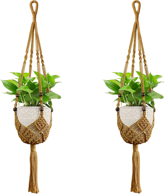 USLAI Macrame Handmade Basket Plant Hanger (2-Pack), for 3-8 Inch Pots, Indoor Outdoor Strong Hanging Planter Flower Pot Holder with Beads and Tassels, Boho Home Decor (POTS NOT Included) (Brown)