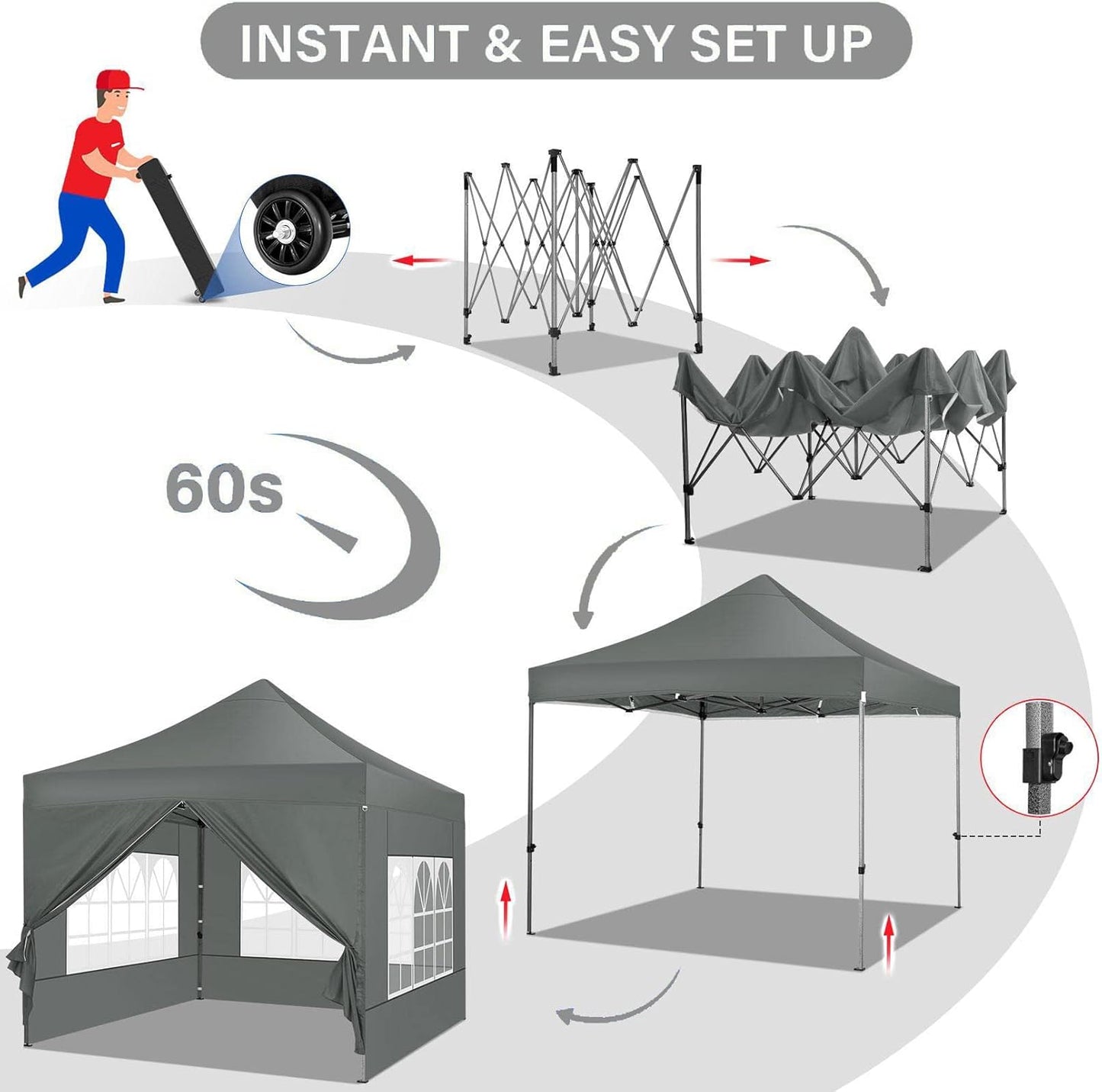 COBIZI 10x10 Pop Up Canopy with 4 Sidewall,Heavy Duty Canopy UPF 50+ All Season Wind Waterproof Commercial Outdoor Wedding Party Tents for Parties Canopy Gazebo with Roller Bag(10 x 10 ft Gray)