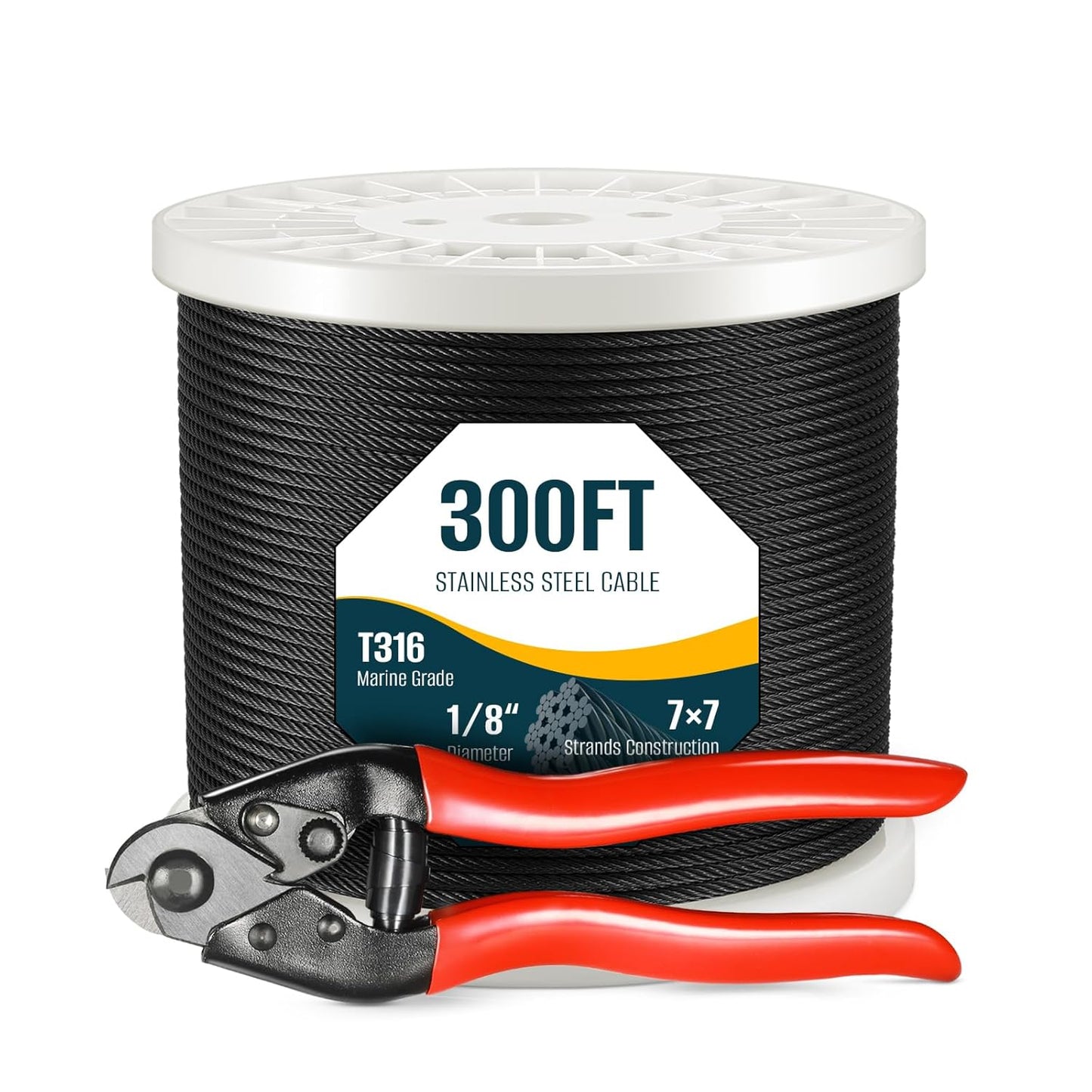 300FT 1/8" Black T316 Stainless Steel Cable, 7x7 Strands Construction, Black Wire Rope Aircraft Cable for Indoor, Outdoor, Deck Fence Railing, and DIY Balustrades