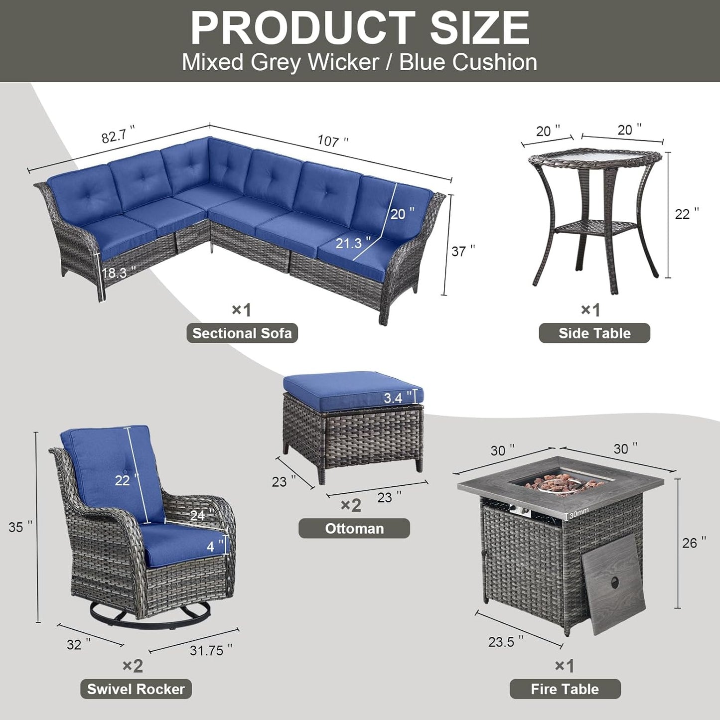Outdoor Sectional Furniture Sofa Set with Propane Fire Pit Table, Wicker Patio Conversation Set with 2 Swivel Rocker Glider Chairs Blue Cushion Perfect for Backyard Casual Gathering