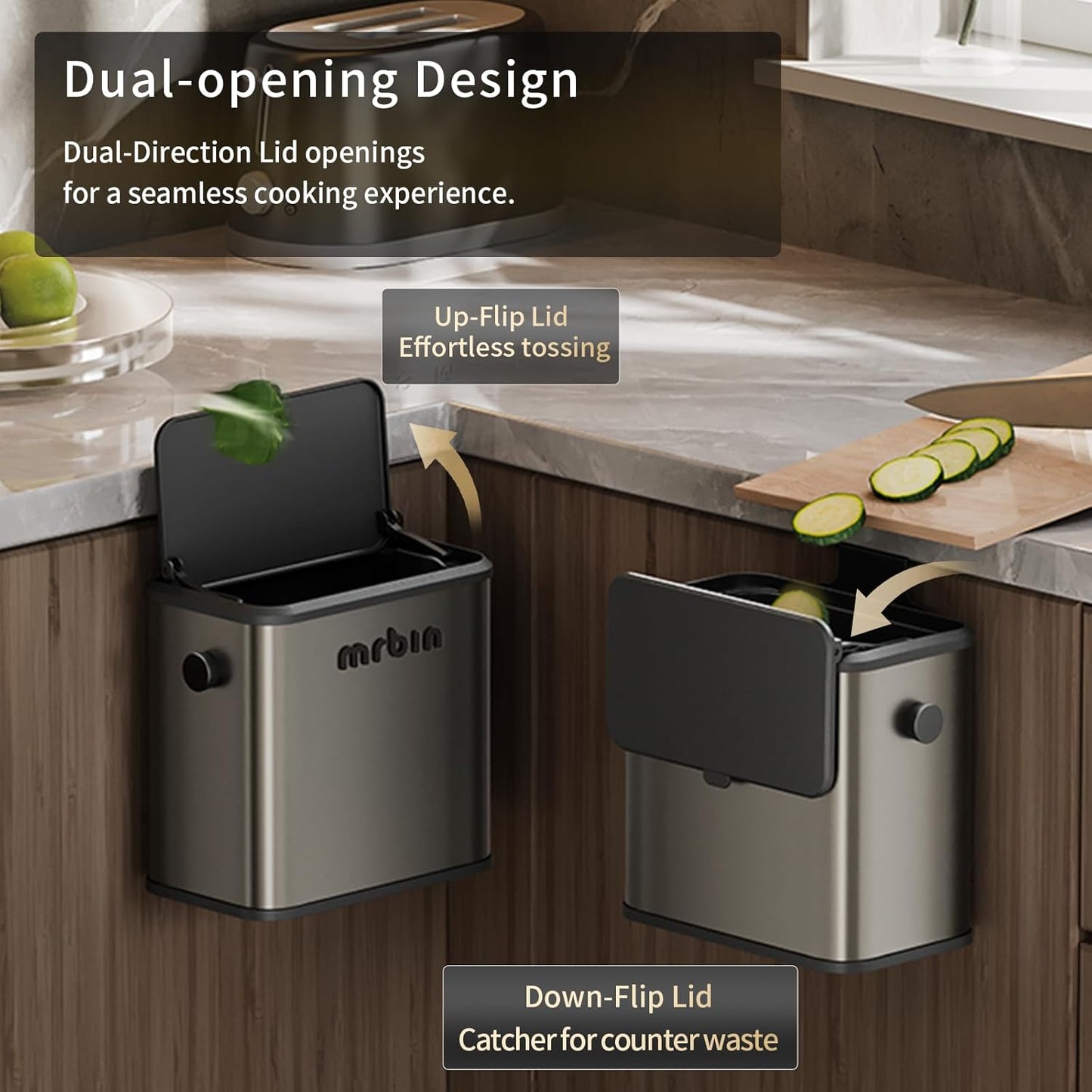 MRBIN Stainless Steel Compost Bin Countertop with Lid, Hanging Trash Can for Kitchen Cabinet Door, Wall Mounted Indoor Recycle Basket Food Waste Scrap Dustbin for Kitchen Under Sink with Inner Bucket