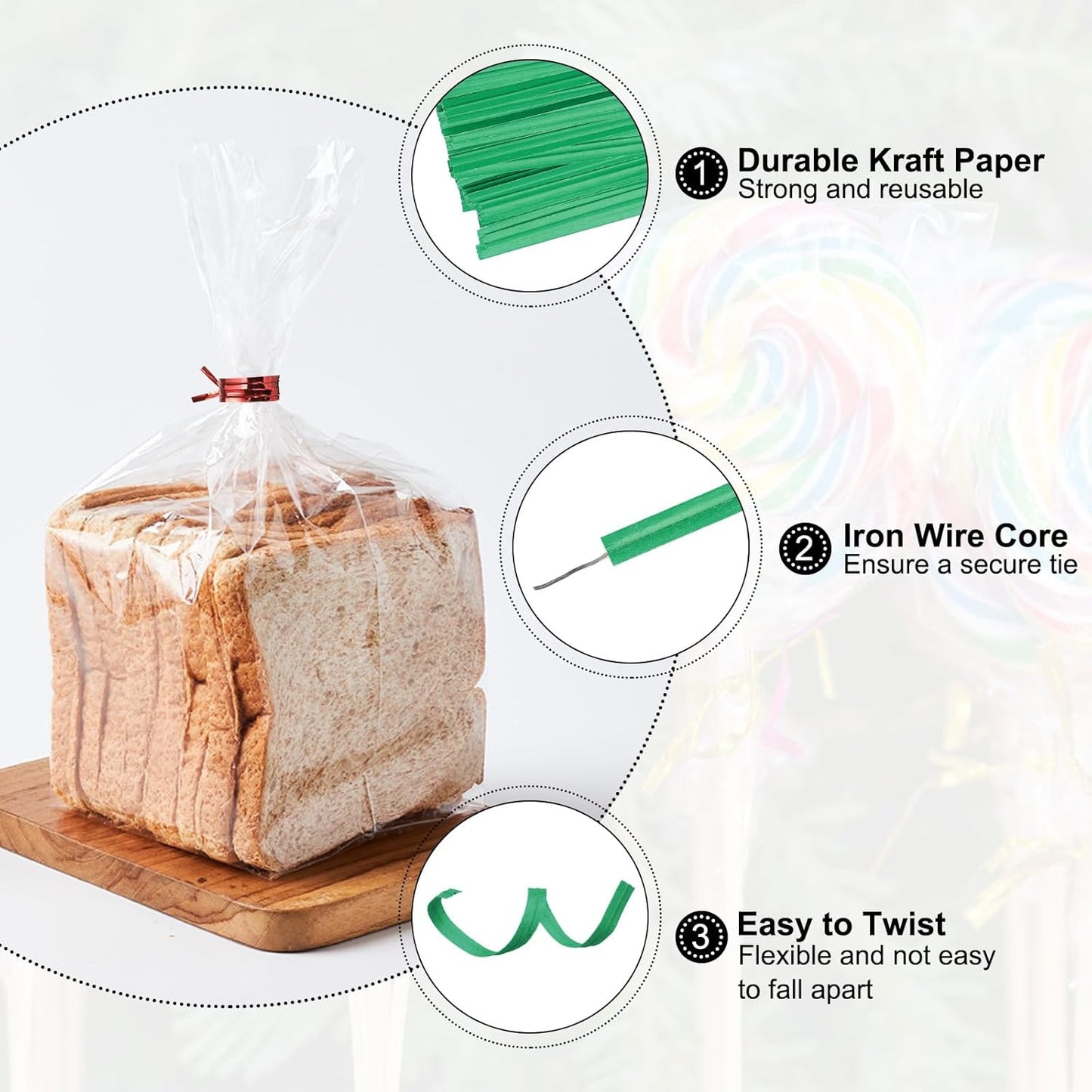 HARFINGTON 1000pcs Bag Twist Ties 3.5" Reusable Kraft Paper Twist Ties Wire Cable Ties for Party Bread Candy Cake, Green